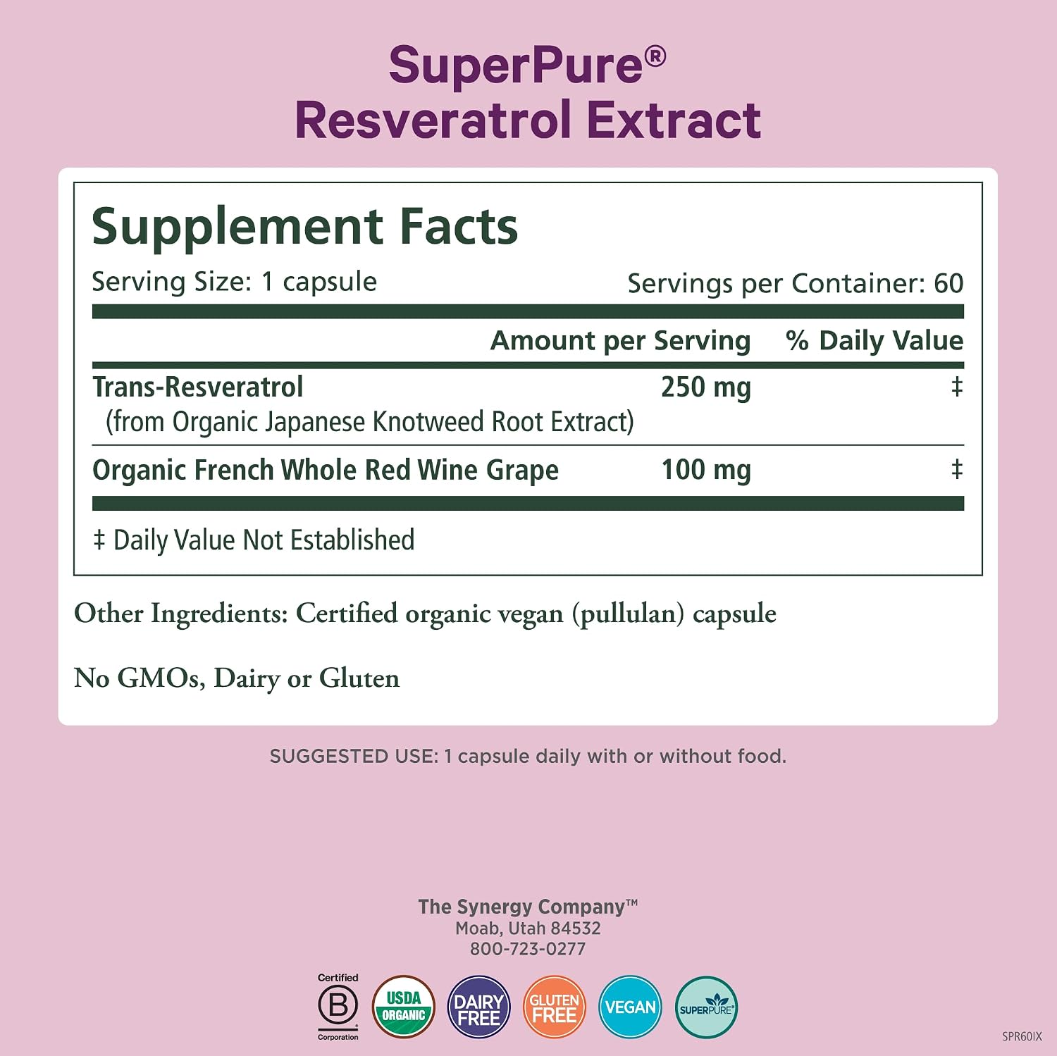 PURE SYNERGY SuperPure Resveratrol Extract | Organic Resveratrol Supplement | Antioxidant Trans-Resveratrol Extract with Grape Polyphenols | for Healthy Aging, Heart, and Skin Health (60 Capsules)