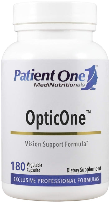 Supplement bottle labeled 'OpticOne' by Patient One MediNutritionals on a white background