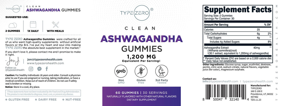 Bottle of TypeZero Clean Ashwagandha Gummies with purple gummies inside.