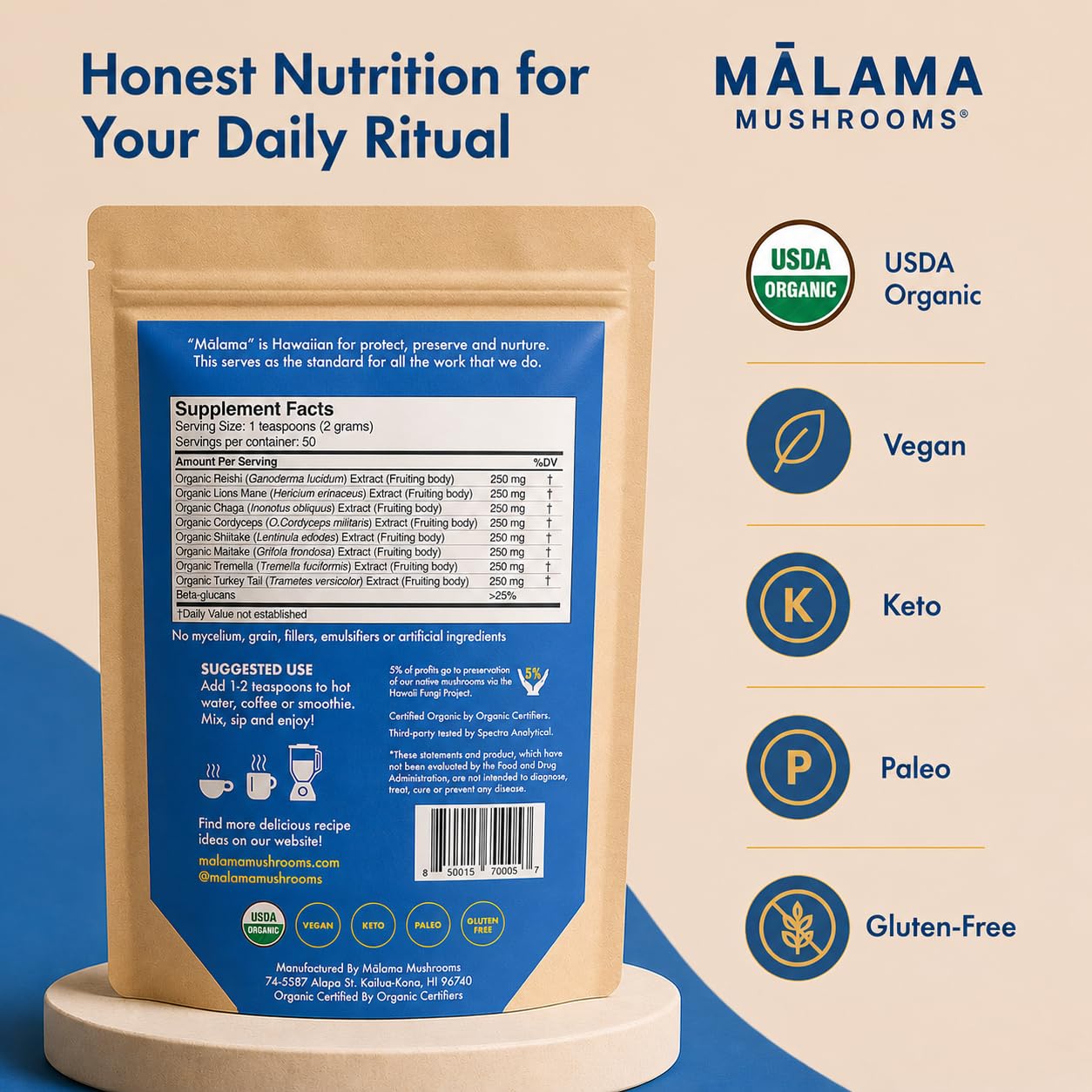 8-Mushroom Extract Powder by Malama, Organic Body Mushroom Blend Featuring Lion's Mane, Reishi, Cordyceps, Chaga, Turkey Tail, Superfood Adaptogenic