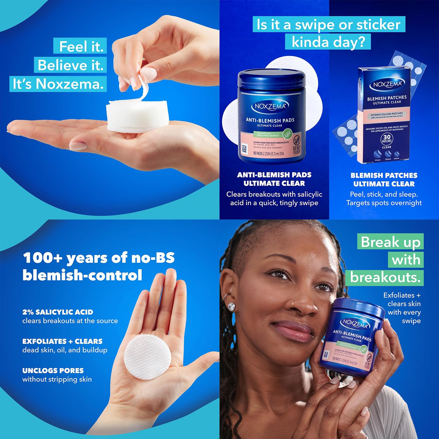 Noxzema Acne Treatment Bundle – Ultimate Clear Blemish Patches with Niacinamide and Tea Tree + Anti-Blemish Pads with 2% Salicylic Acid