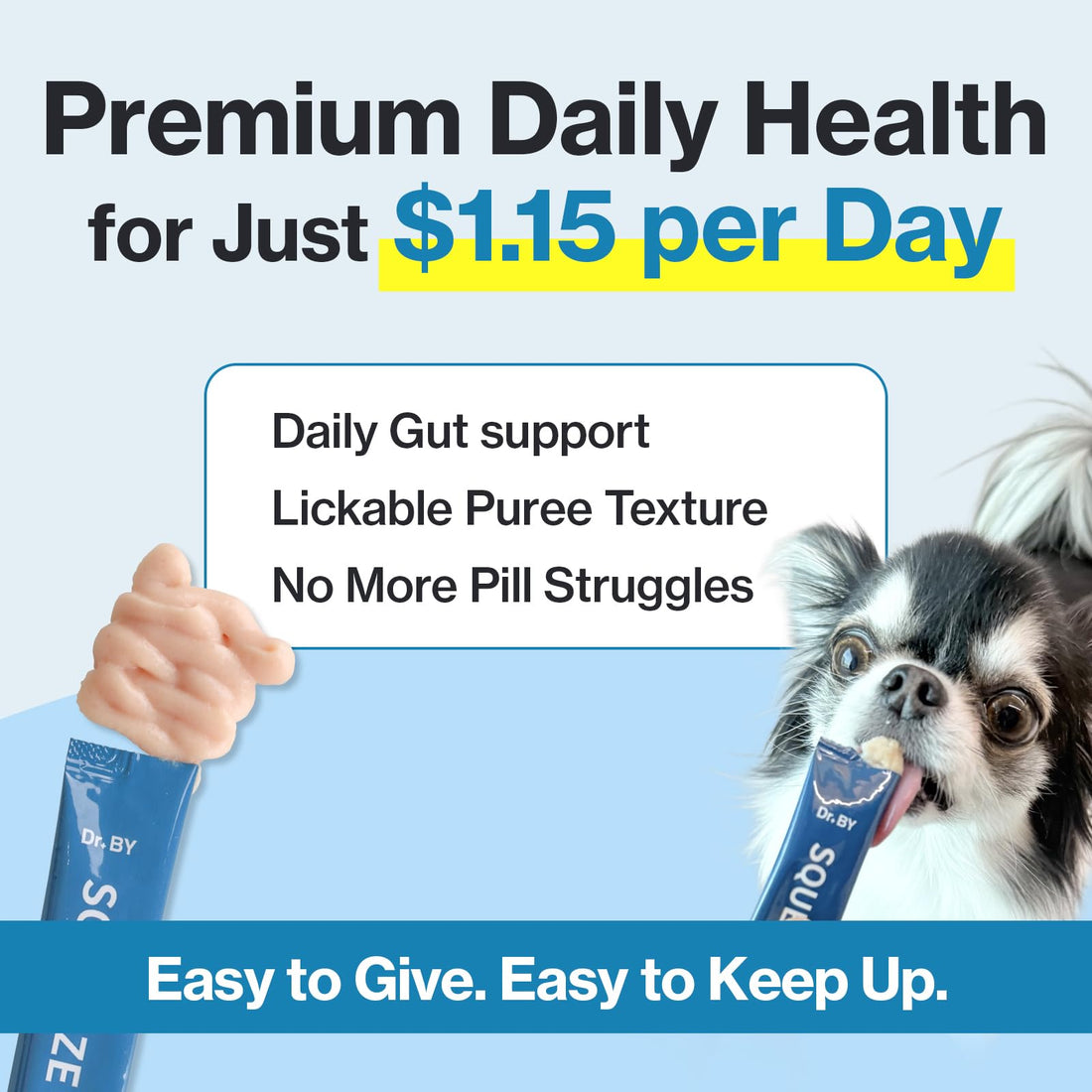 Squeeze probiotics for dogs with packaging and a hand holding a stick pack.