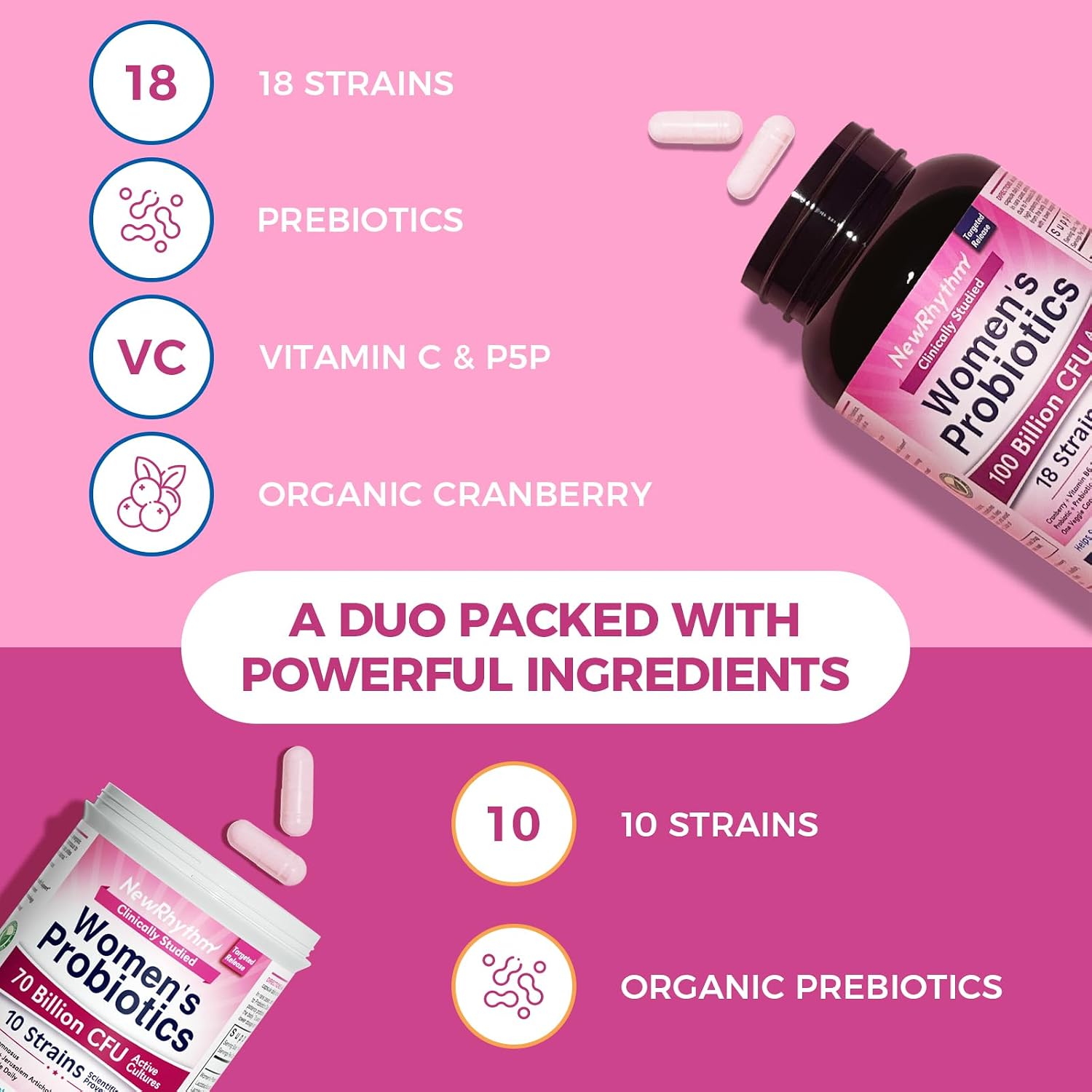 NewRhythm VagFlora Carefree Bundle, Women's Probiotics 100 Billion CFU & Women's Probiotics 70 Billion CFU, PH Balance, Vaginal, Urinary & Digestive Health, Non-GMO