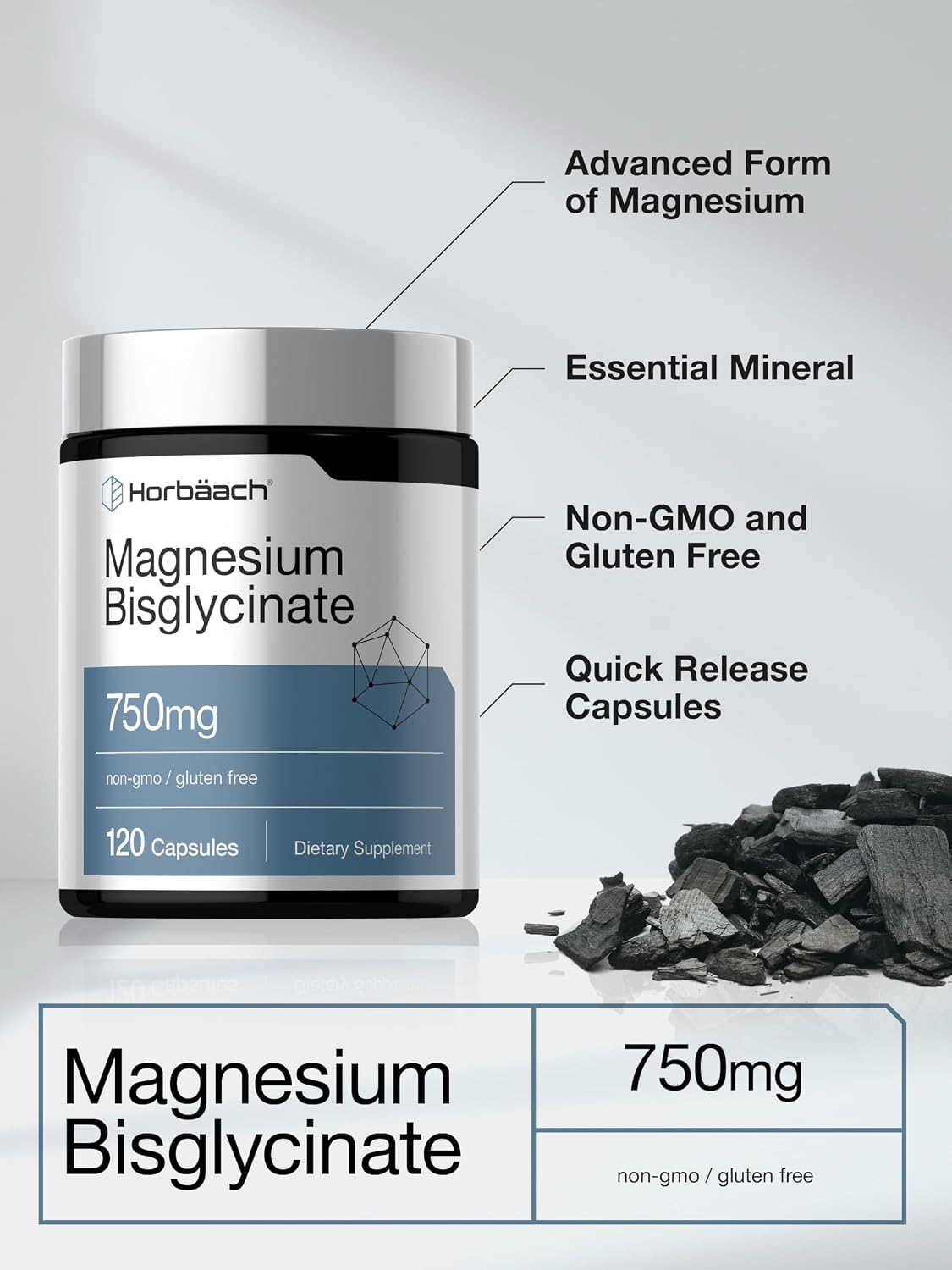 Horbäach Magnesium Bisglycinate | 120 Capsules | 750mg | Non-GMO and Gluten Free Supplement