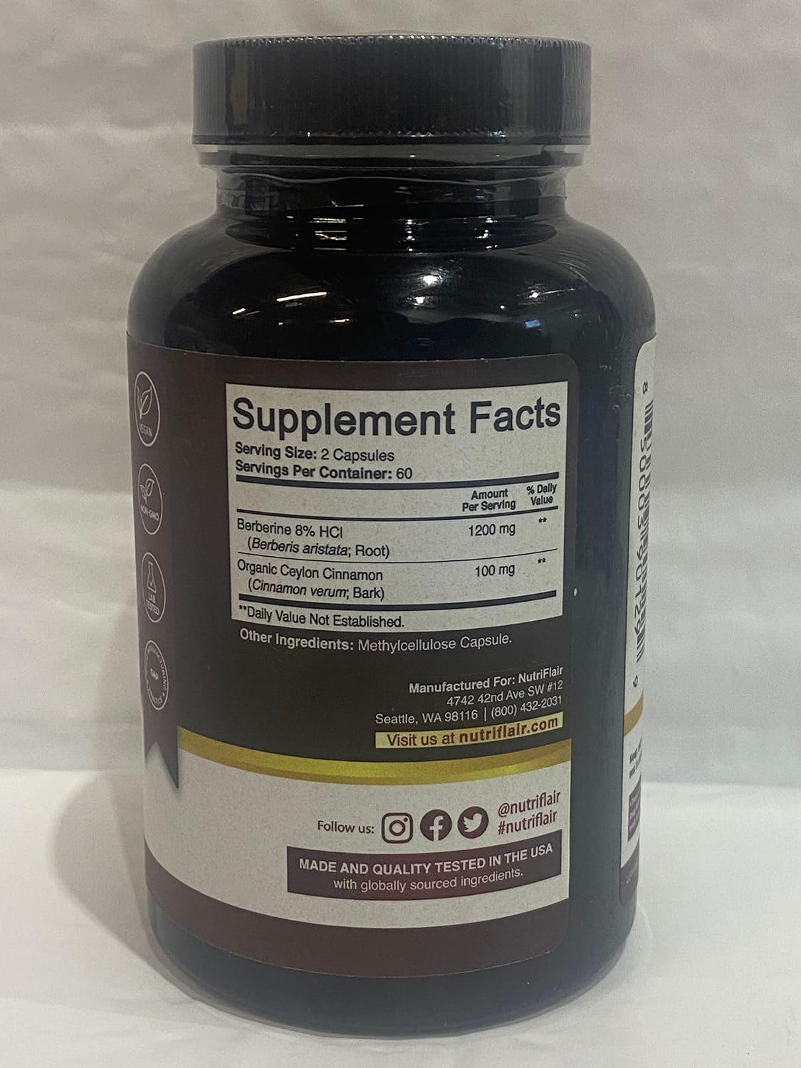 NutriFlair Berberine HCl 1200mg, 120 Capsules - Plus Ceylon Cinnamon, Berberine HCI Root Supplements Pills - Made in USA