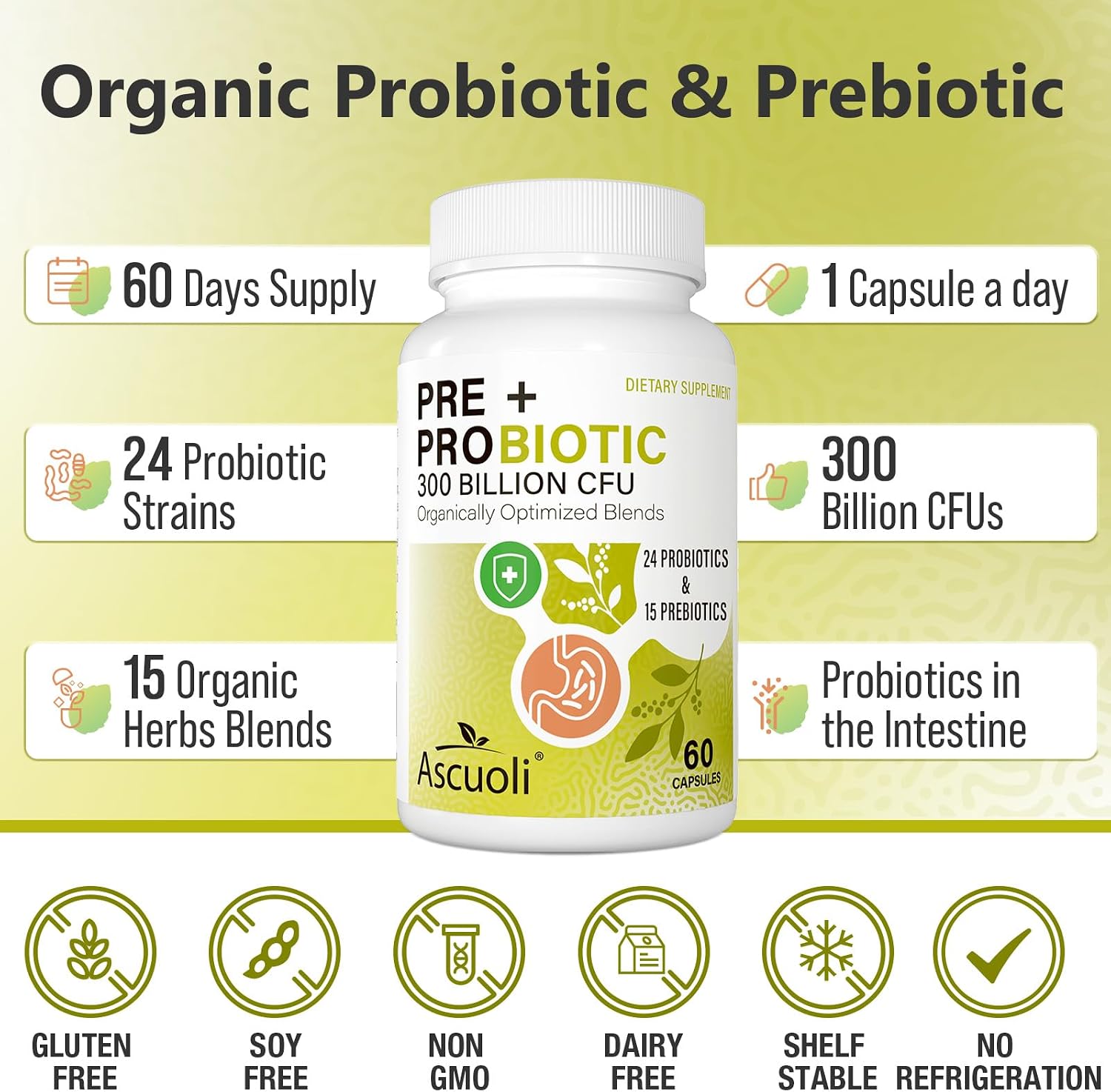Prebiotics and Probiotics - 300 Billion CFU, 24 Probiotic+15 Herbs, 60 Caps | Probiotics for gut health, Immune & Digestive, Bloating - Probiotics for Women & Men