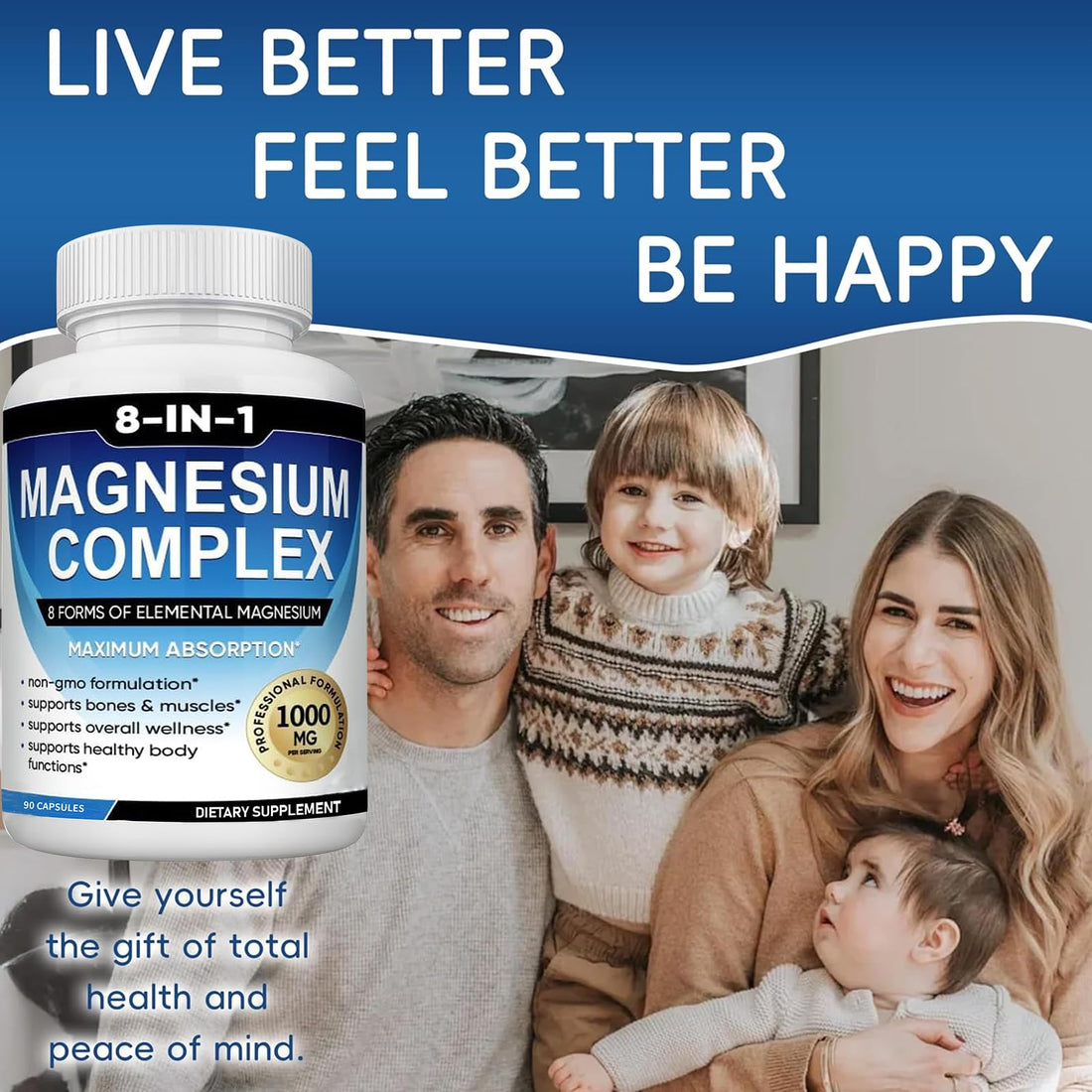 Two bottles of 8-IN-1 Magnesium Complex with health foods like bananas, avocados, and nuts on a white background.