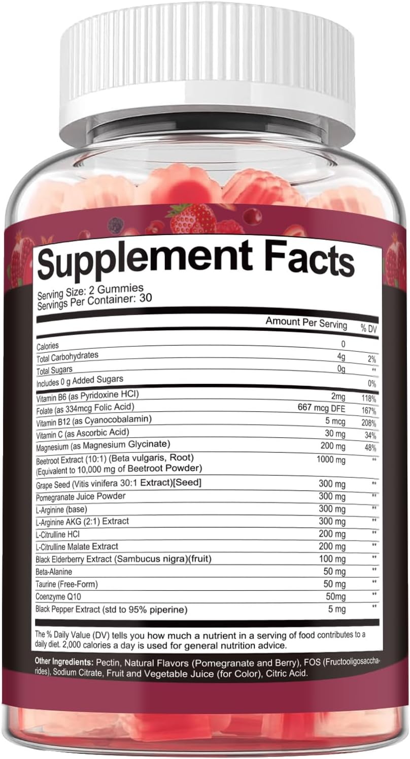 Totaria Beet Root Gummies - Blood Pressure & Cardiovascular Support, Beetroot Supplement with Grape Seed, Pomegranate - Nitric Oxide Gummies for Heart Health, Circulation, Vegan, Non-GMO, Sugar Free