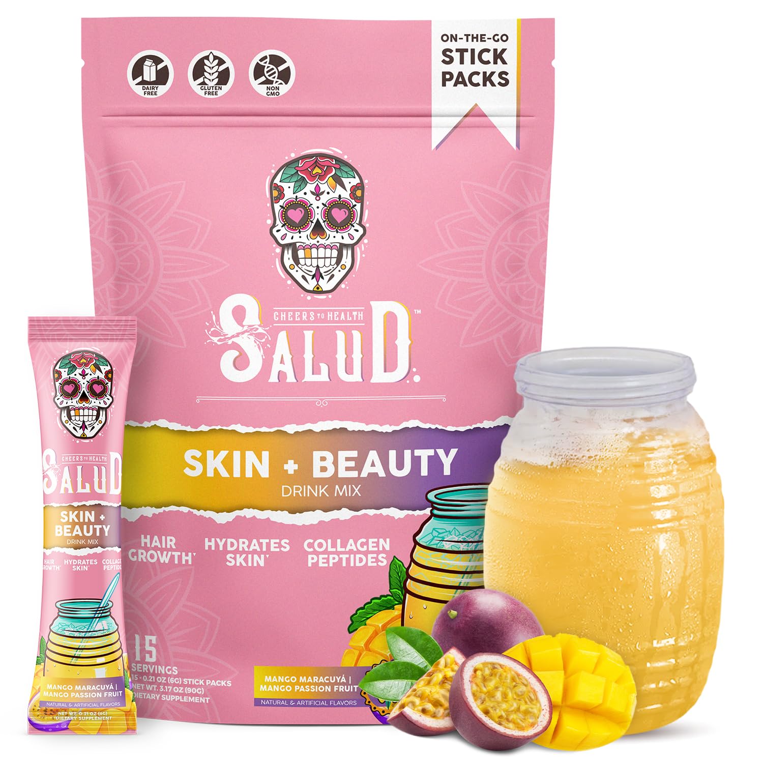 Salud 2-in-1 Skin + Beauty Drink Mix, Strawberry Kiwi | Collagen Peptides with Verisol, Hyaluronic Acid, Vitamin C, Biotin + Lustriva, Hydration Sticks, Gluten Free (15 Servings)