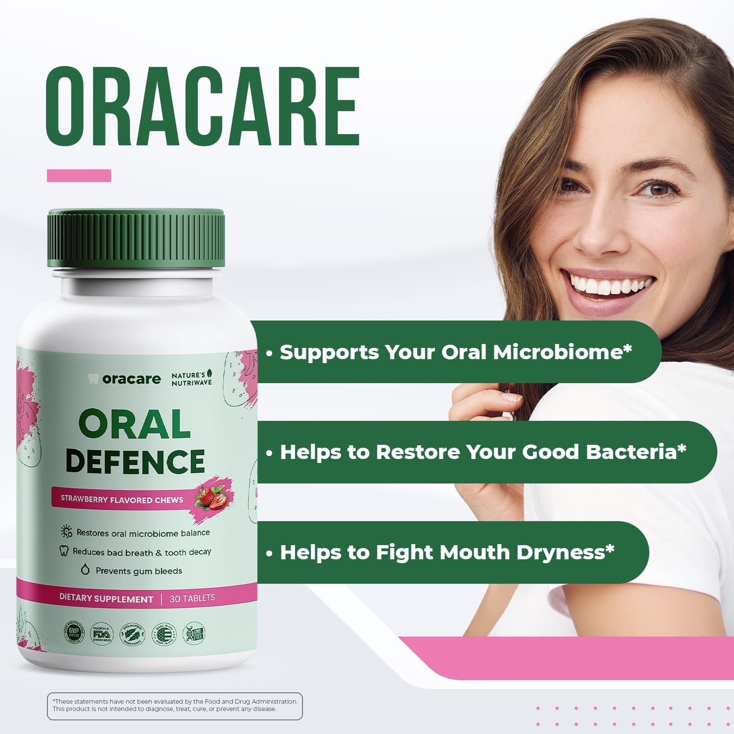 Oracare – Daily Oral Support with Enzymes, Hydroxyapatite, Xylitol & 3-Strain Probiotic Blend – Non-GMO Stimulant-Free Formula – Made in USA – 30 Melt-In-Mouth Tablets, 1 Month Supply