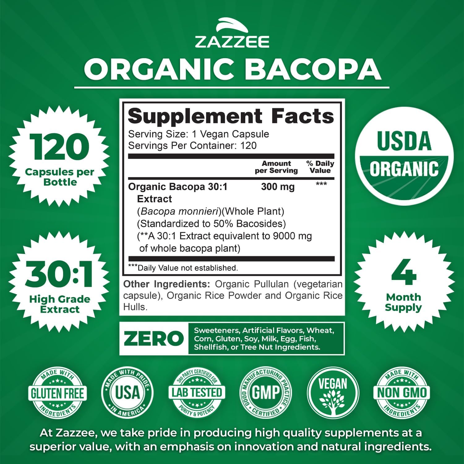 Zazzee USDA Organic Bacopa 30:1 Extract, 50% Bacosides, 120 Vegan Capsules, 4 Month Supply, Bacopa Monnieri, Cognitive, Brain & Memory Support, Non-GMO, Organic Herbal Supplement, Made in the USA