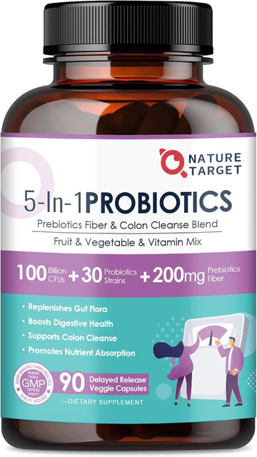 NATURE TARGET Probiotics for Women-Men with Prebiotics, 90 Veggie Capsules | 100 Billion for Digestive, Gut and Immune Health, No Refrigeration (45 Days Supply)