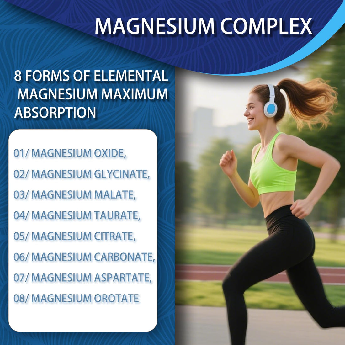 Supplement bottle labeled 'Magnesium Complex' with health benefits listed, surrounded by nuts, seeds, and fruits on a white background.
