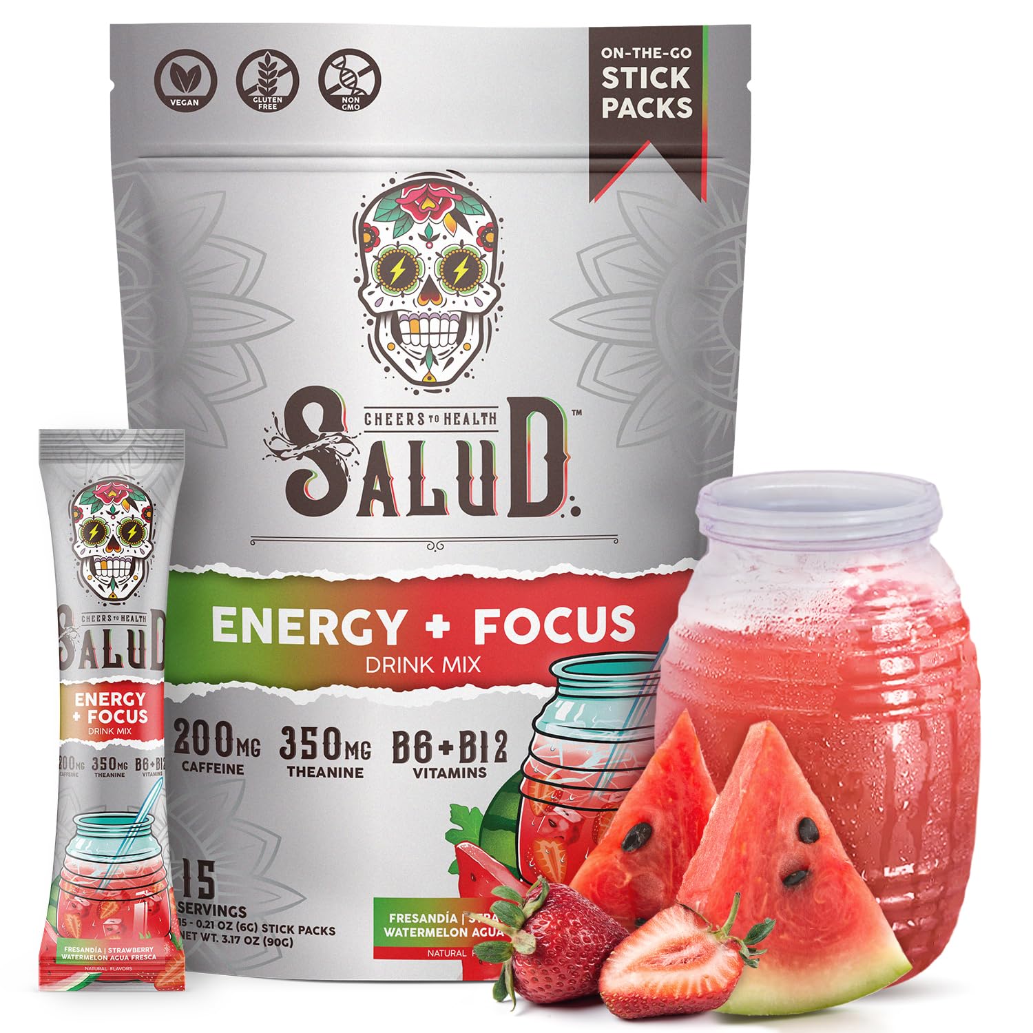 Salud 2-in-1 Energy + Focus Drink Mix, Hibiscus | Organic Caffeine, B6 + B12, Theanine, Clean Energy Packets, Agua Fresca Mix, Non-GMO, Gluten Free, 1g of Sugar (15 Servings)