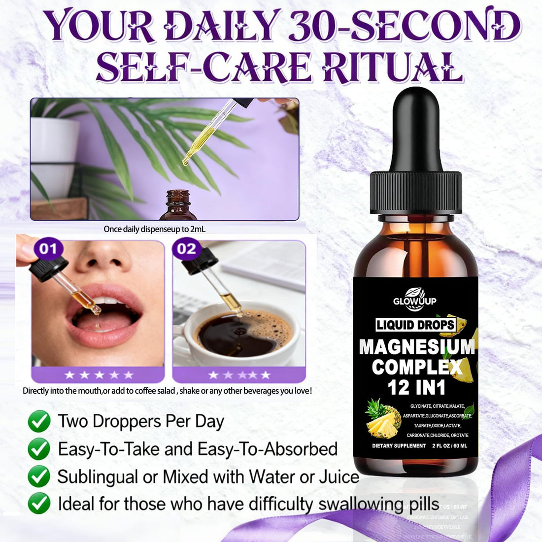 Bottle of Glowuuu Liquid Drops Magnesium Complex 12 in 1 supplement with dropper and pineapple graphics.