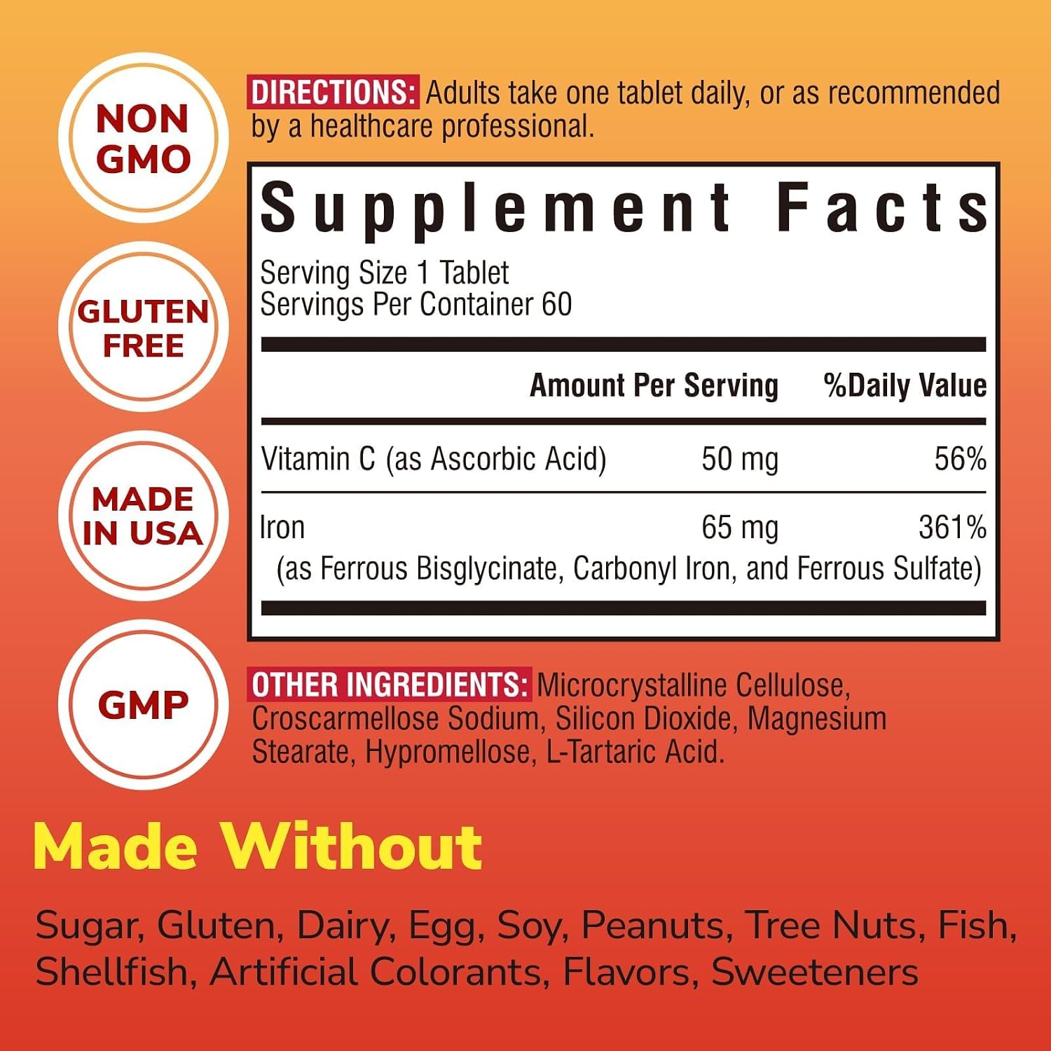 Iron Supplement, 65mg Complex Ferrous Bisglycinate, Sulfate, Carbonyl Iron | with Natural Vitamin C, Stomach Friendly Iron Pills for Blood Building, High Absorption, Non GMO, 60 Vegan Tabs