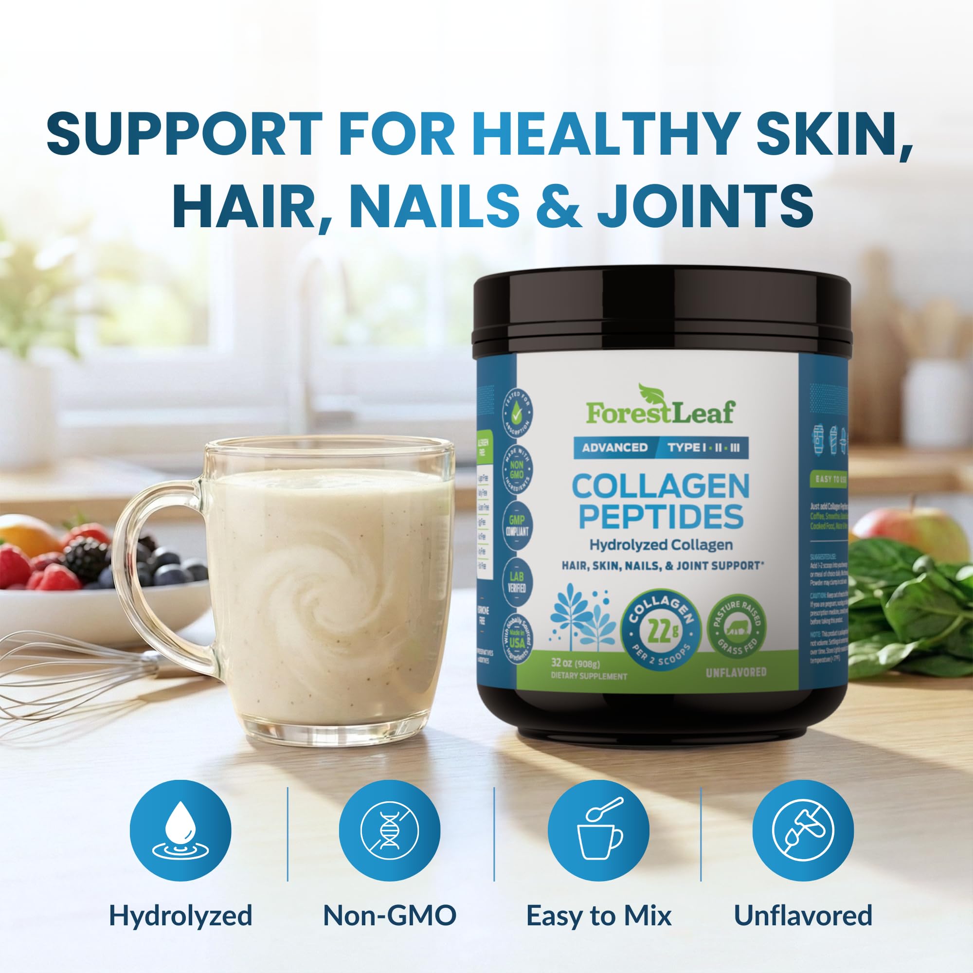 ForestLeaf Collagen Peptides Powder Unflavored - Hydrolyzed Grass Fed Keto Collagen Protein Powder Type 1, 2 & 3 - Vital Hair, Skin, Nails, Joints, Recovery, 11g Per Serving