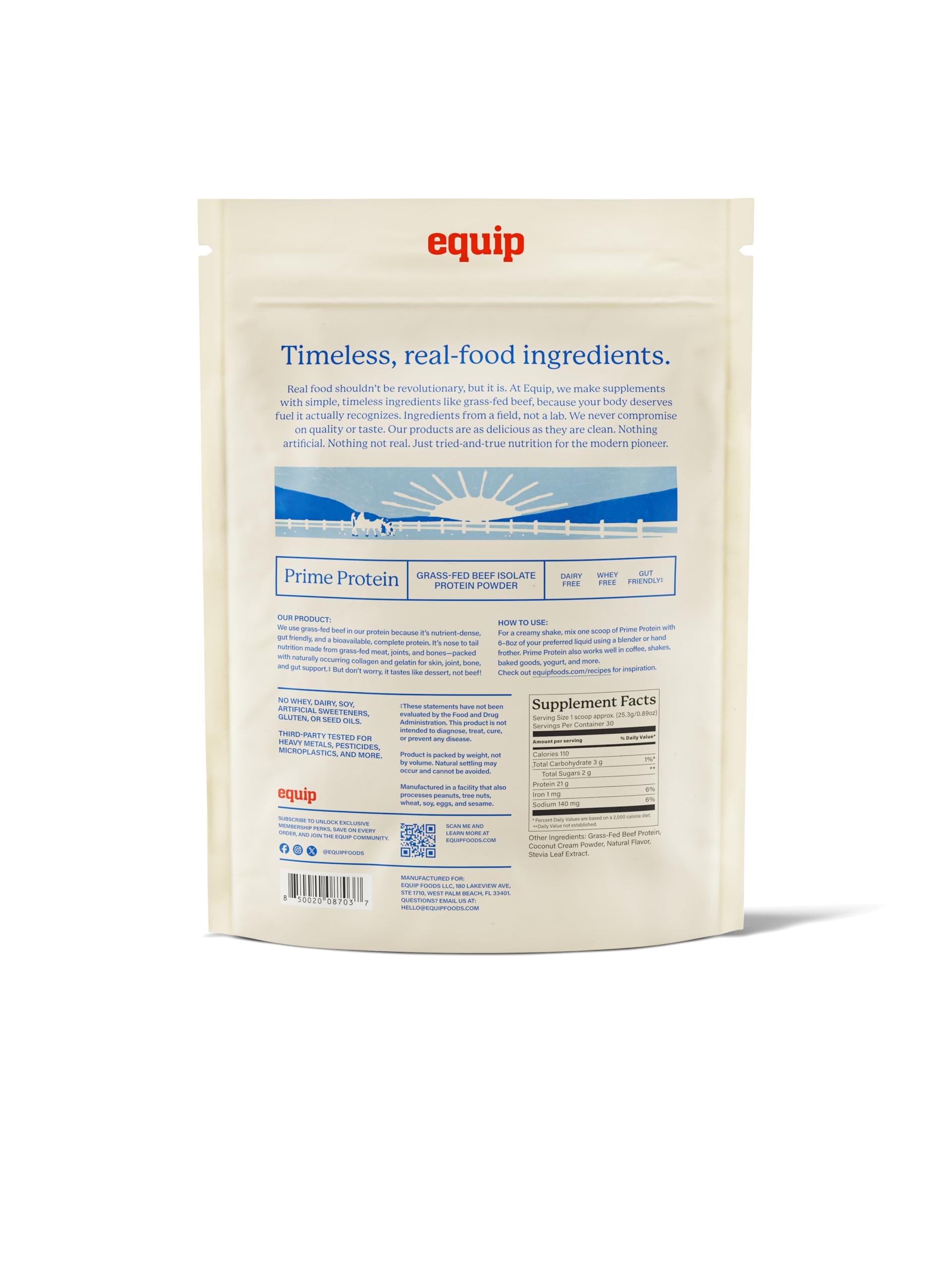 Equip Prime Chocolate Protein Powder - Gut-Friendly, No Sugar Protein Shake Powder with Grass-Fed Beef & Natural Collagen - Rich & Creamy Mix - 21g Per Serving - Whey & Dairy-Free (30 Scoops)
