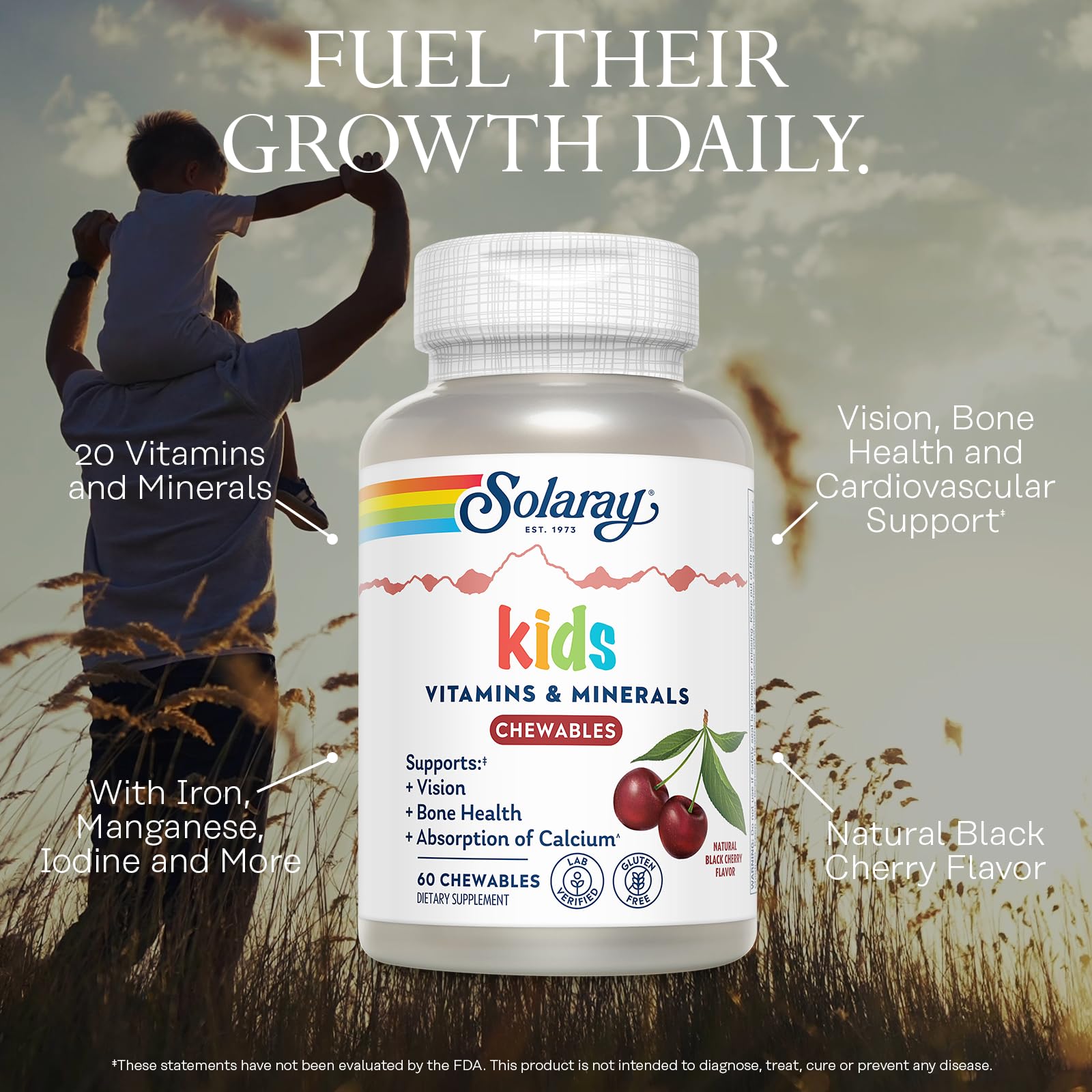 SOLARAY Kid's Vitamins & Minerals, Multivitamin for Kids - Bones, Vision, Heart Health Support w/Vitamin C, Vitamin D and B2, Iron - Gluten Free, 120 Black Cherry Chewables, 60 Servings
