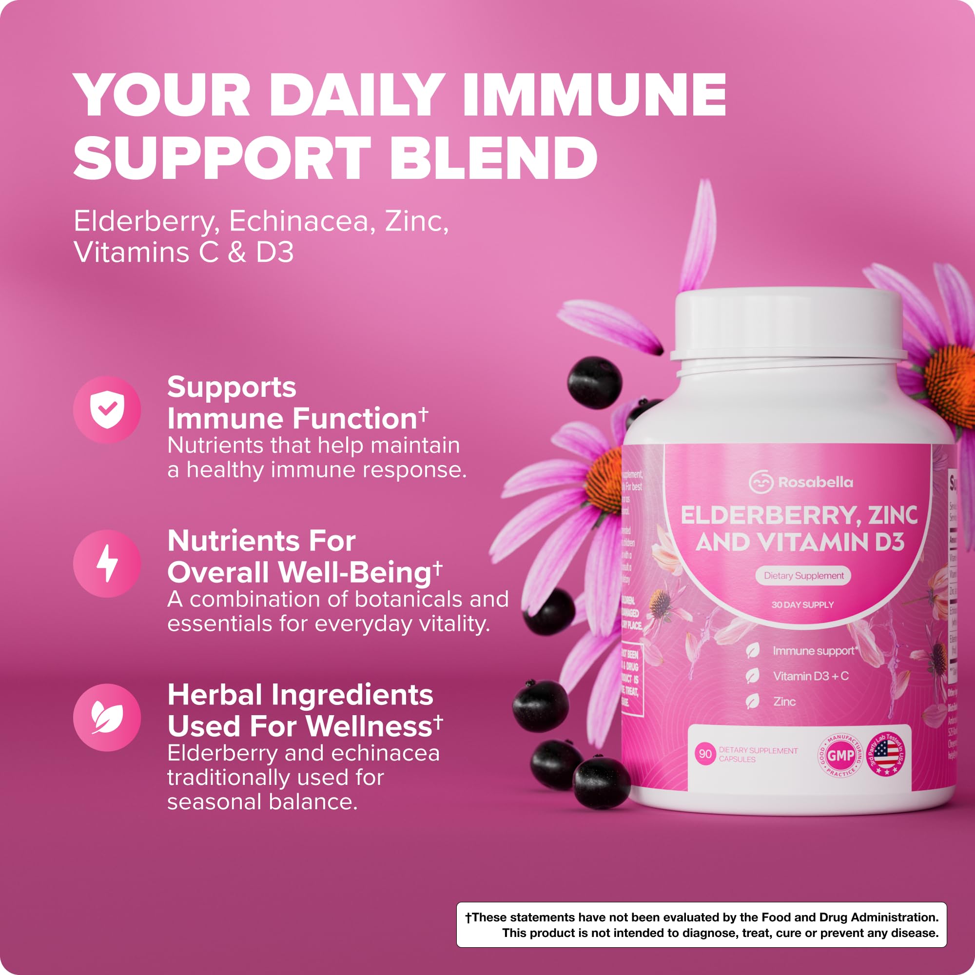 Rosabella Elderberry, Zinc & Vitamin D3 Capsules – Elderberry Supplement with Echinacea, Vitamin C & Zinc, Immune Support Supplement for Daily Wellness, Vegan Capsules – 90 Count (Pack of 1)