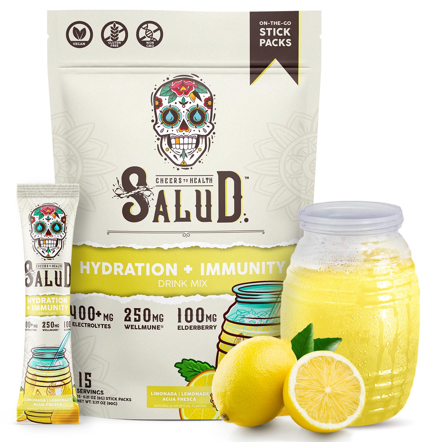 Salud 2-in-1 Hydration + Immunity Drink Mix, Cucumber Lime | Electrolytes Powder, Agua Fresca, Elderberry, Dairy & Soy Free, Non-GMO, Gluten Free, Vegan, 1g Sugar (15 Servings)