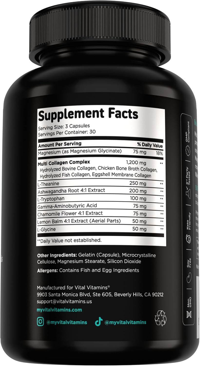 Vital Vitamins Multi Collagen Complex + Calm with Ashwagandha, 90 Capsules | Melatonin-Free Relaxation, 5 Collagen Types I, II, III, V & X with L-Theanine, Ashwagandha, GABA & Magnesium Glycinate