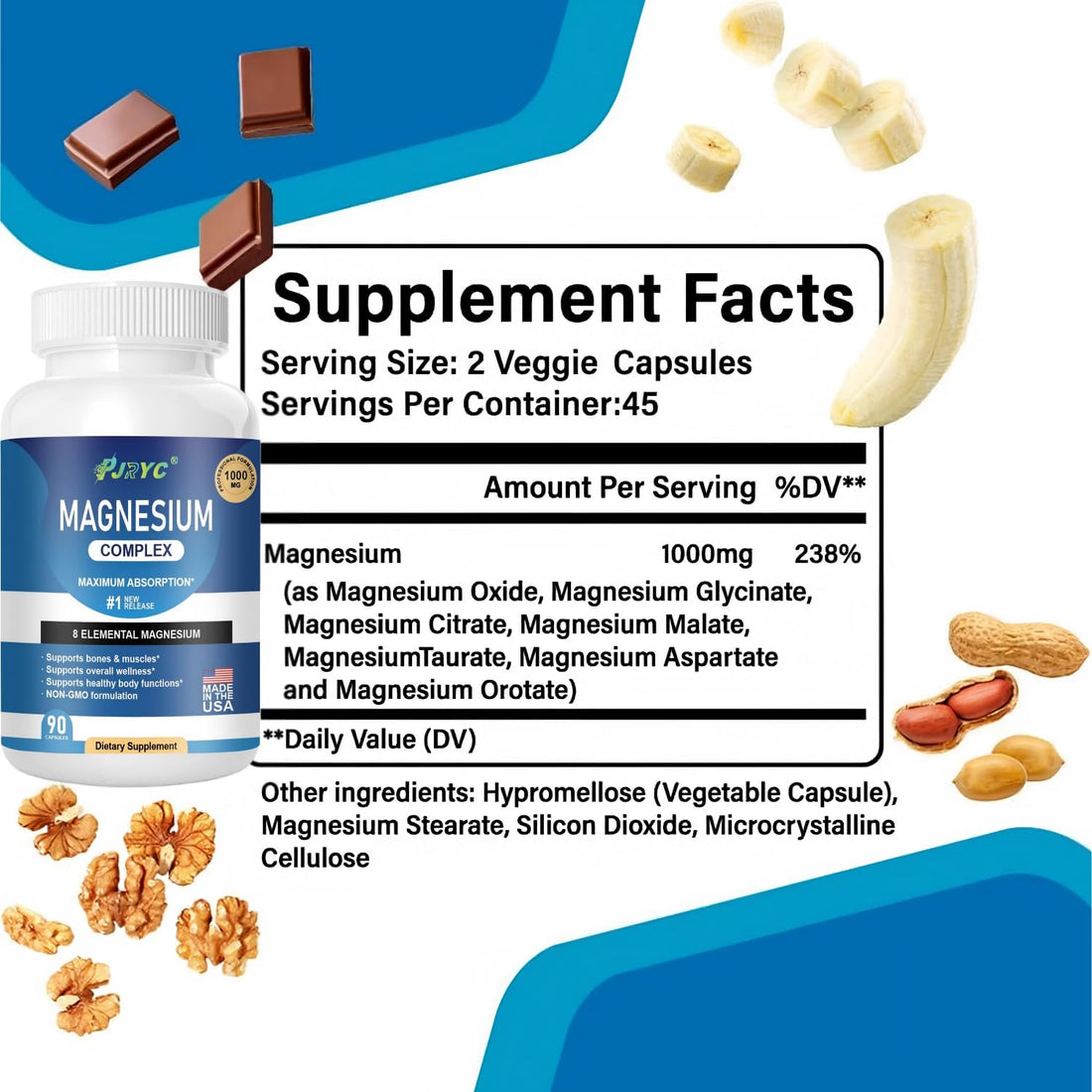 Two bottles of magnesium complex supplement with health benefits displayed on a white background.