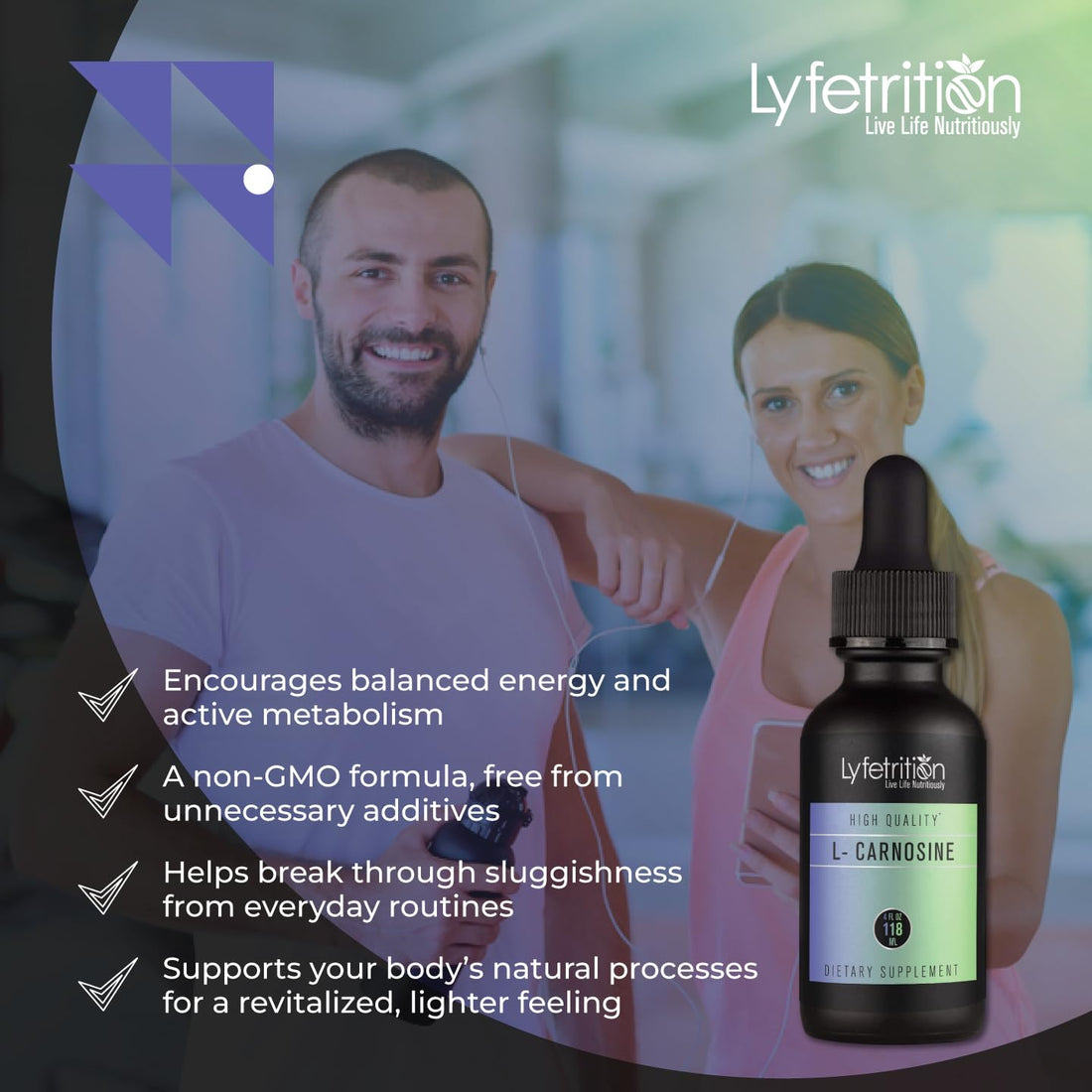 Two bottles of Lyfetrition L-Carnosine dietary supplement with a green leaf and powder on a white background.