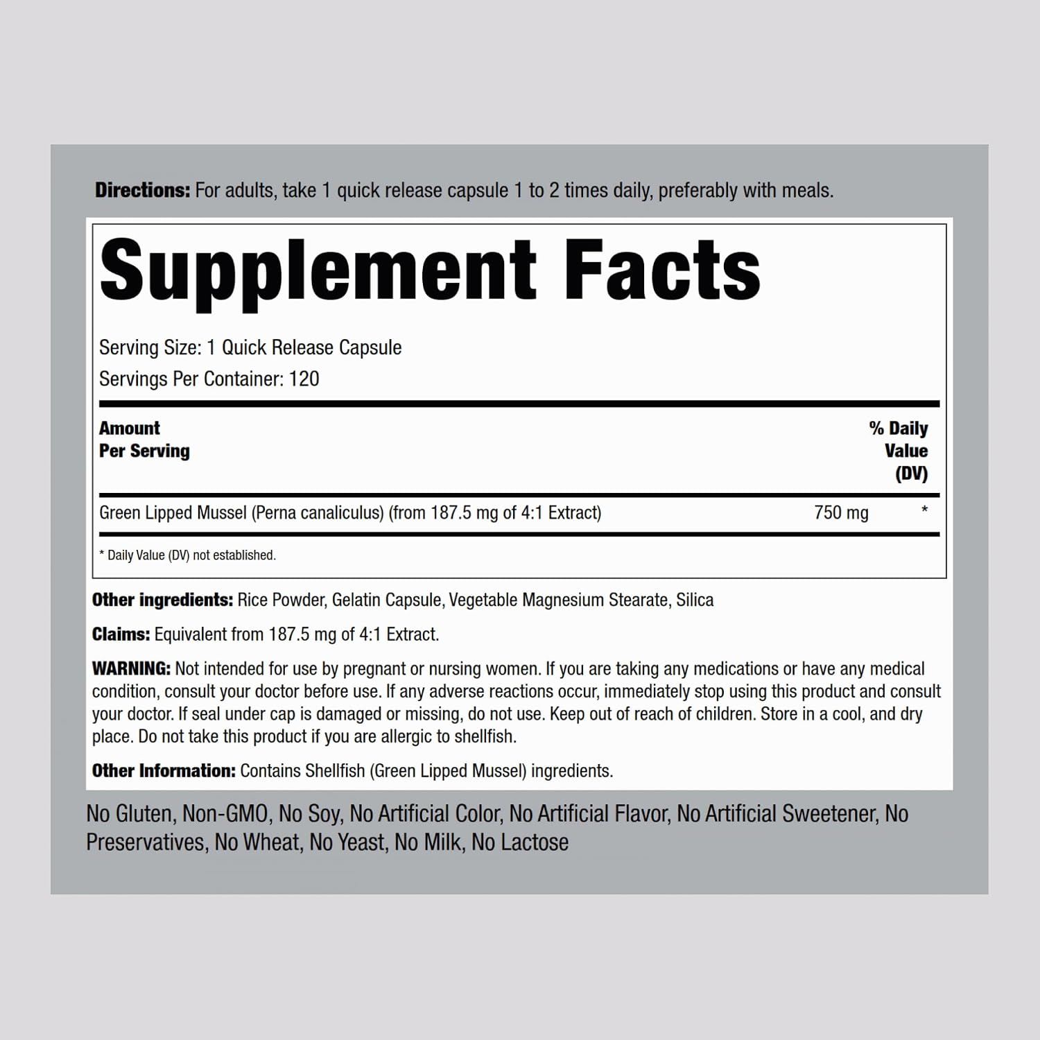 Piping Rock Green Lipped Mussel | 120 Capsules | Supplement for Humans | Freeze Dried from New Zealand | Non-GMO, Gluten Free