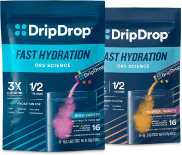 DripDrop Hydration Bold Tropical Variety Bundle Electrolyte Packets, 32 Ct | Watermelon, Berry, Lemon, Orange, Mango, Açaí, Passion Fruit & Piña Colada; Single Serve Powder Drink Mix; 3X Electrolytes
