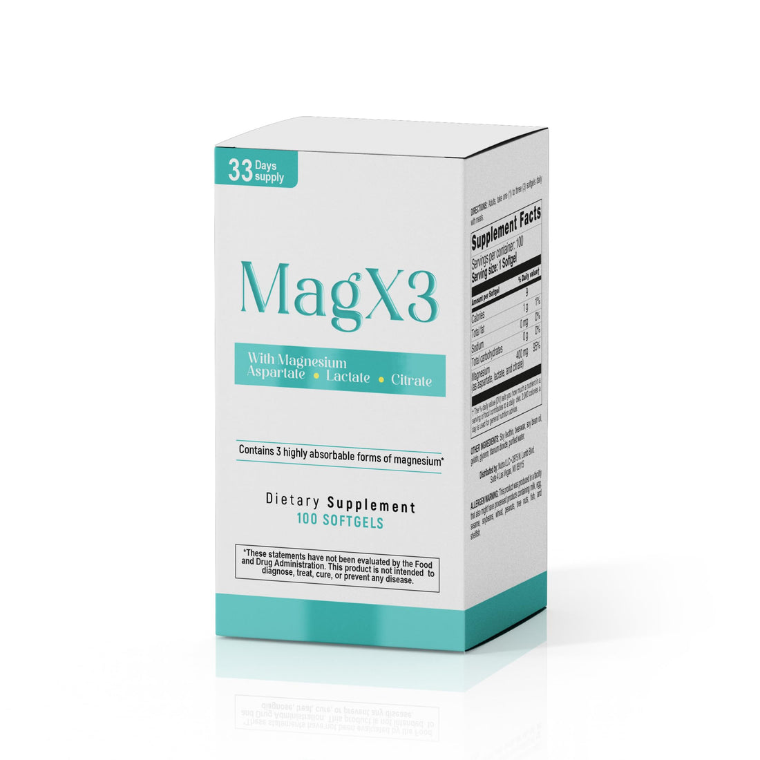 MagX3 dietary supplement bottle with two softgels on a white background