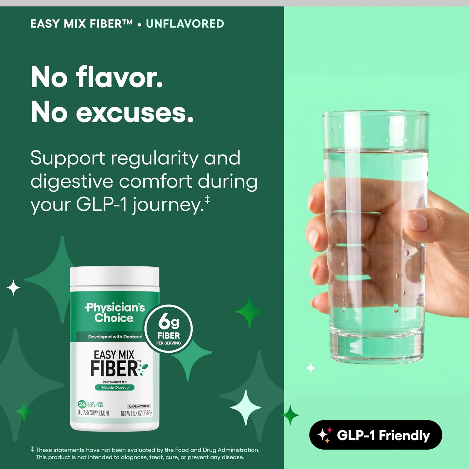 Physician's CHOICE Easy Mix Fiber for Digestive Health & Regularity - No Grit, Sugar Free, & Tasteless - Daily Prebiotic Soluble Fiber Powder Supplement for Women and Men - Unflavored - 5.7oz