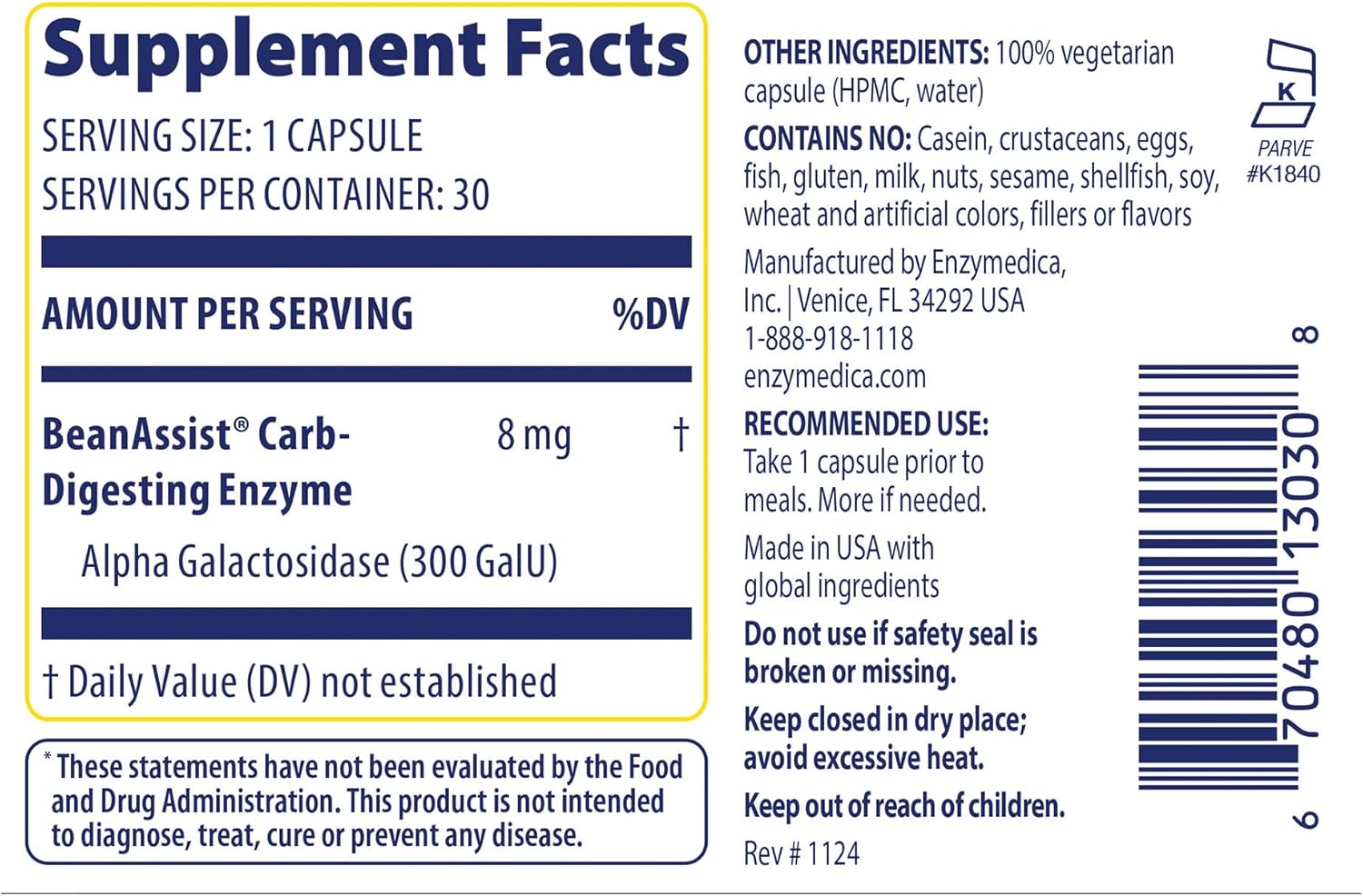 Enzymedica BeanAssist - Digestive Enzyme Supplement for Women & Men, Alpha Galactosidase Enzyme for Digestion & Gut Health Support, Helps Reduce Gas & Bloating, Fast-Acting, Vegan - 30 Caps