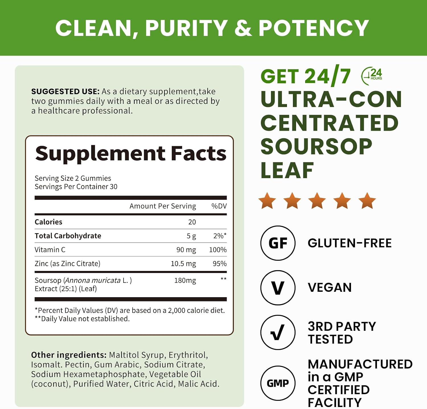 (2 Pack) Soursop Gummies - Soursop Leaves Concentrated Extract for Immune | Herbal Extracts w/Vitamin C, Zinc & Natural Food for Liver, Calming & Antioxidant, Sugar Free, Gluten Free, Vegan, 60 Gummies