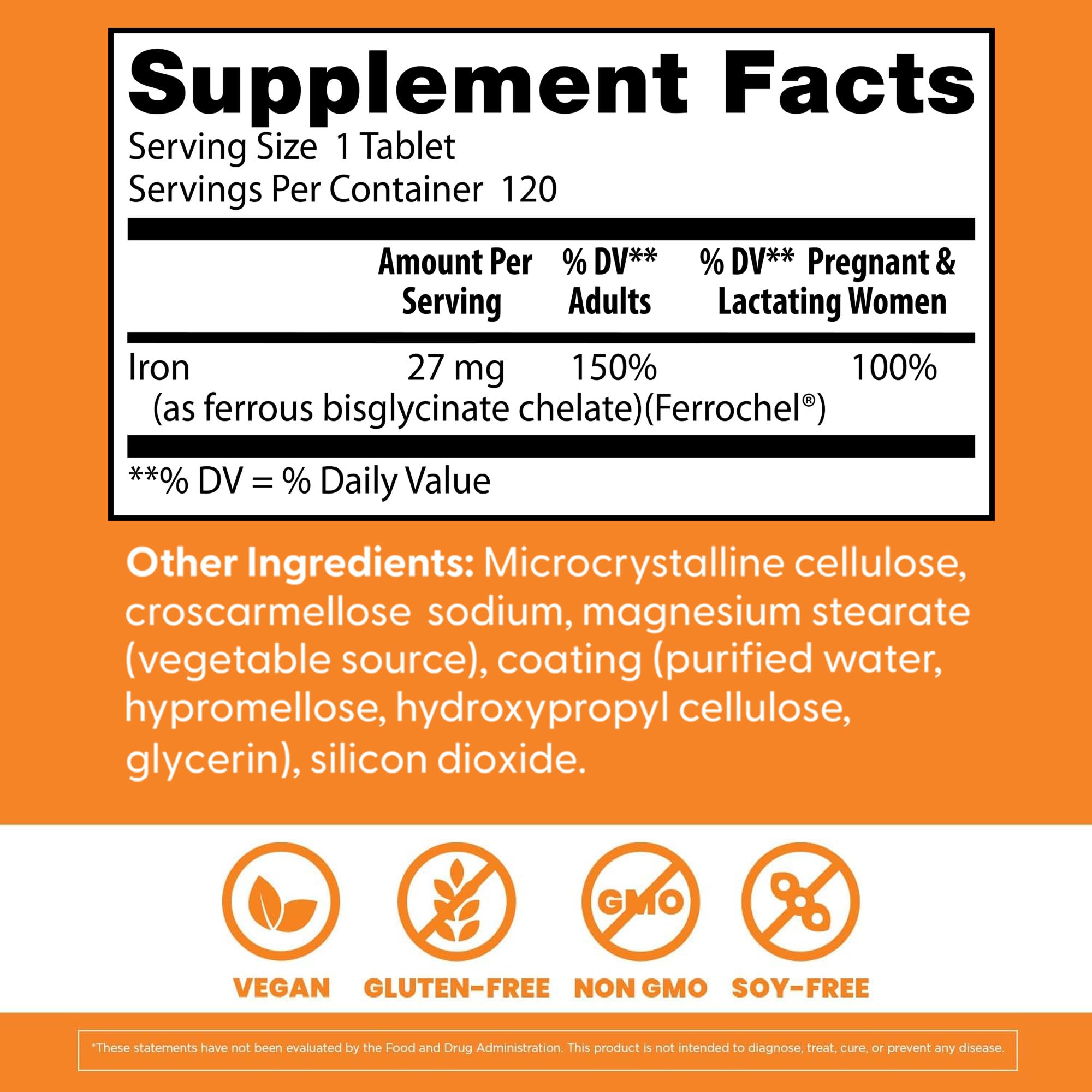 Doctor's Best High Absorption Iron Tablet with Ferrochel, Gentle on The Stomach, Immune Health, Blood Health, 27 mg