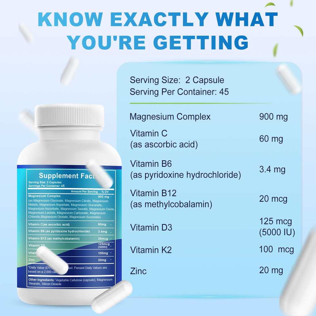 Supplement bottle labeled 'Magnesium Complex' with health foods like avocado, grapefruit, and nuts on a white background.