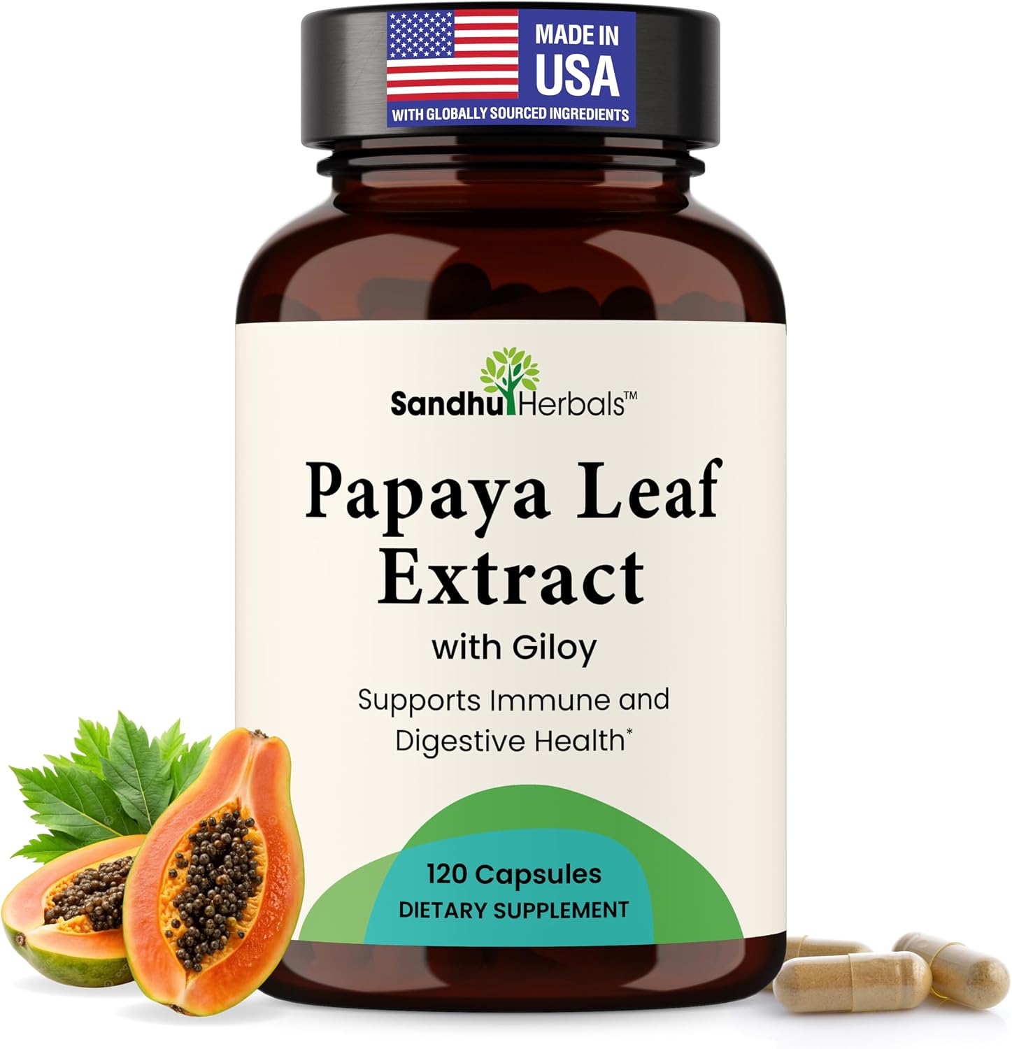 SANDHUHERBALS Zinc 50mg Bundle with Papaya Leaf Extract Capsules (120 Count Each) | Supports Immune Health for Men & Women