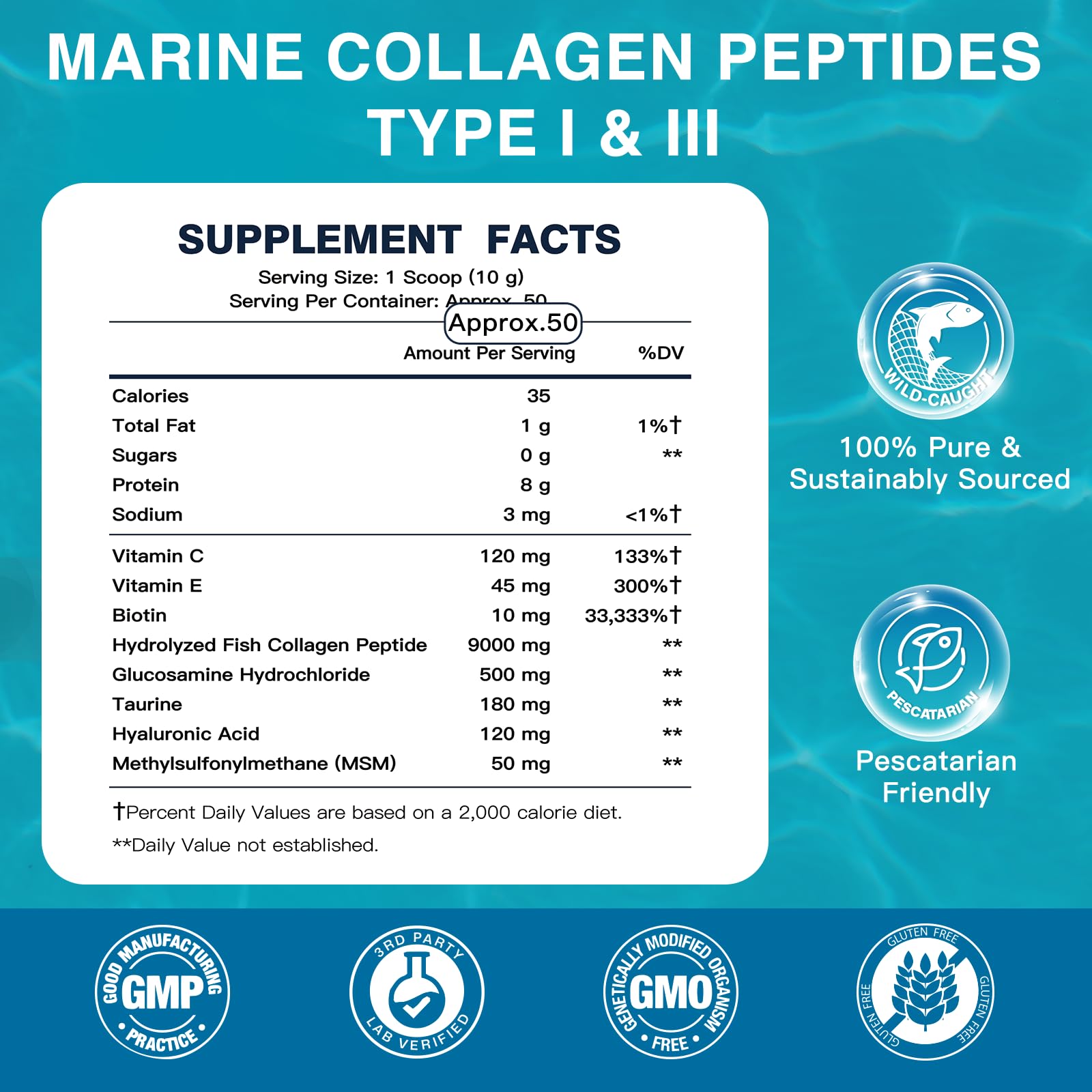 DRFOSTER Marine Collagen Peptides Powder with MSM + GC, Multi Type I & III Collagen with Hyaluronic Acid, Vitamin C & E for Skin, Hair & Nails, Wild-Caught Fish, 50 Servings
