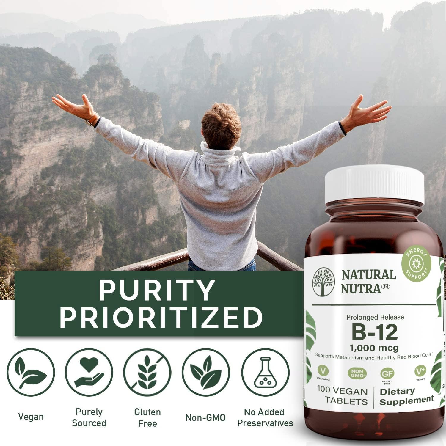 Natural Nutra Vitamin B12 1000 mcg, 100 Vegan Tablets | Promote Heart & Nerve Health, Cobalamin B12 Supplement, Help in Metabolism Health, Optimal Absorption, Gluten-Free,Sugar-Free