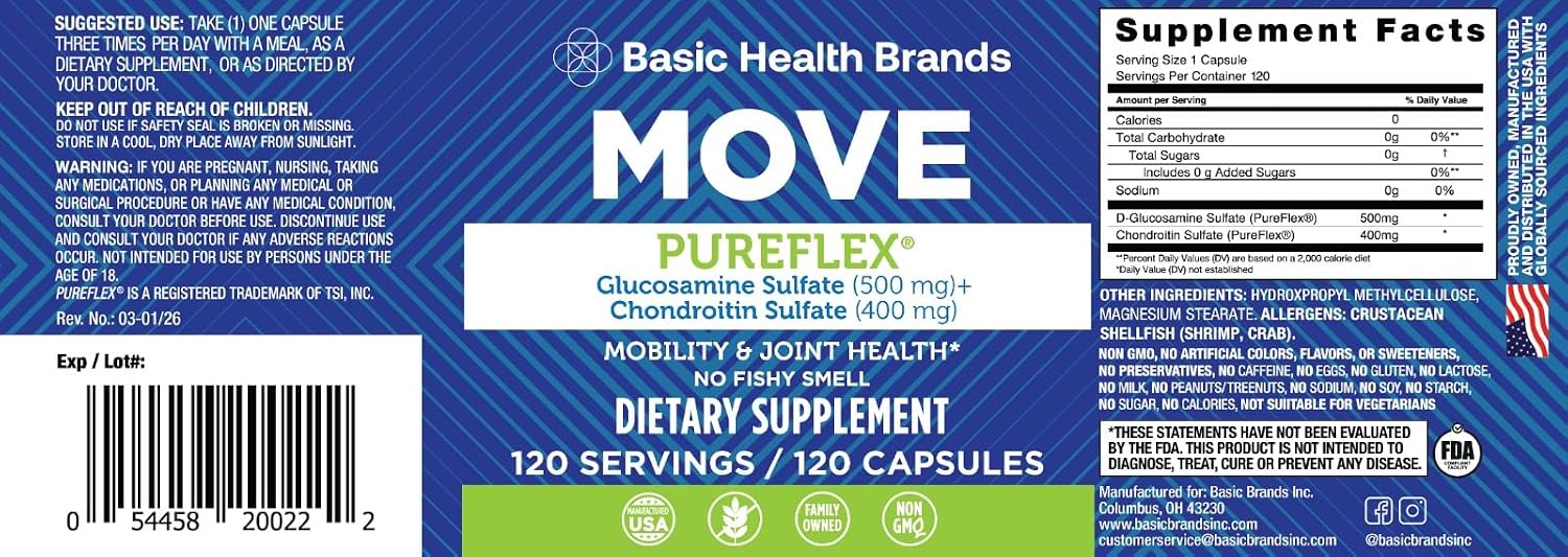 Basic Brands Move Pureflex Glucosamine Chondroitin, 120 Capsules | 500 mg Glucosamine Sulfate and 400 mg Chondroitin Sulfate, Made in USA