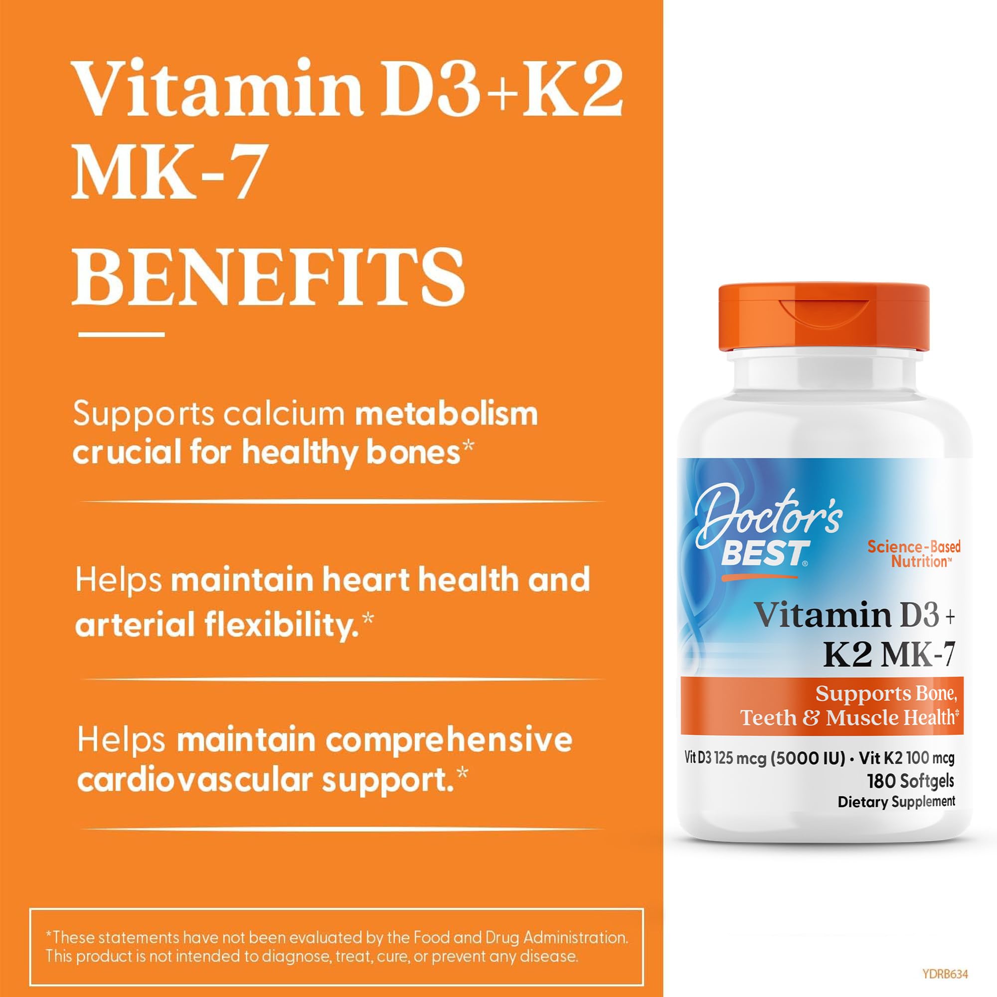 Doctor's Best Vitamin D3 and K2 Supplement for Men & Women - Vitamin D3 5000 IU + K2 as MK-7, Bone Health Support, Gluten Free, Non GMO, Vegetarian Capsules - 60 Veg Caps