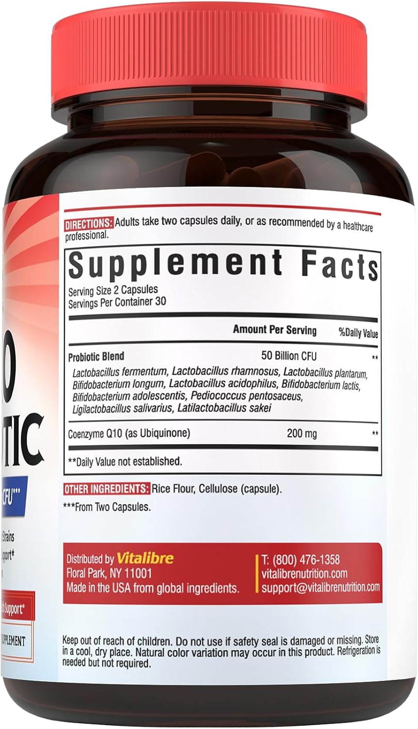 Vitalibre CoQ10 200 mg, with Probiotics for Women & Men, 50 Billion CFU, High Absorption Ubiquinone, Heart & Gut Energy Support, Powerful Antioxidant, Easy to Swallow, 60 Vegan Capsules