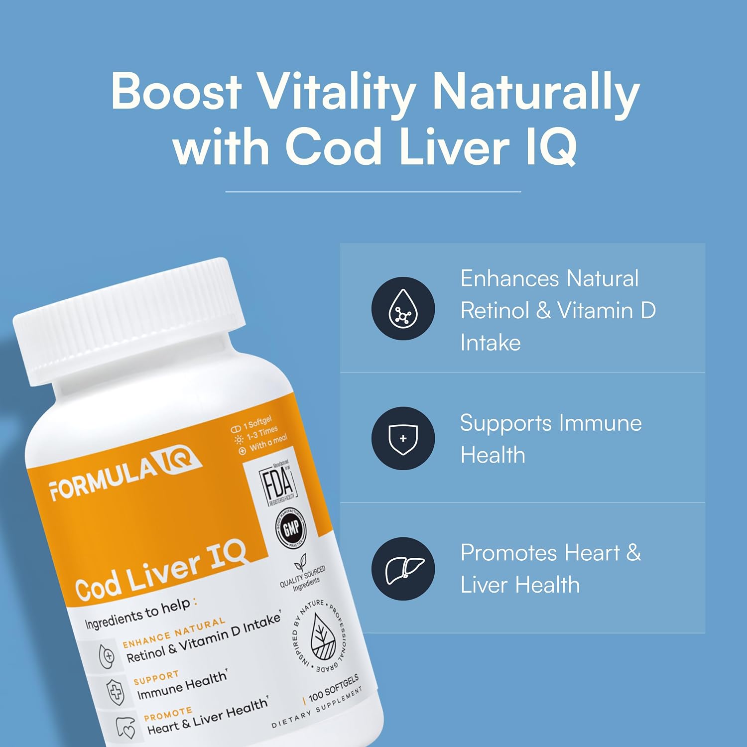 Formula IQ - Cod Liver IQ - Cod Liver Oil Softgels - Natural Source of Vitamins A & D and Omega-3 Fatty Acids - Heart, Liver & Immune Health - 100 Softgels