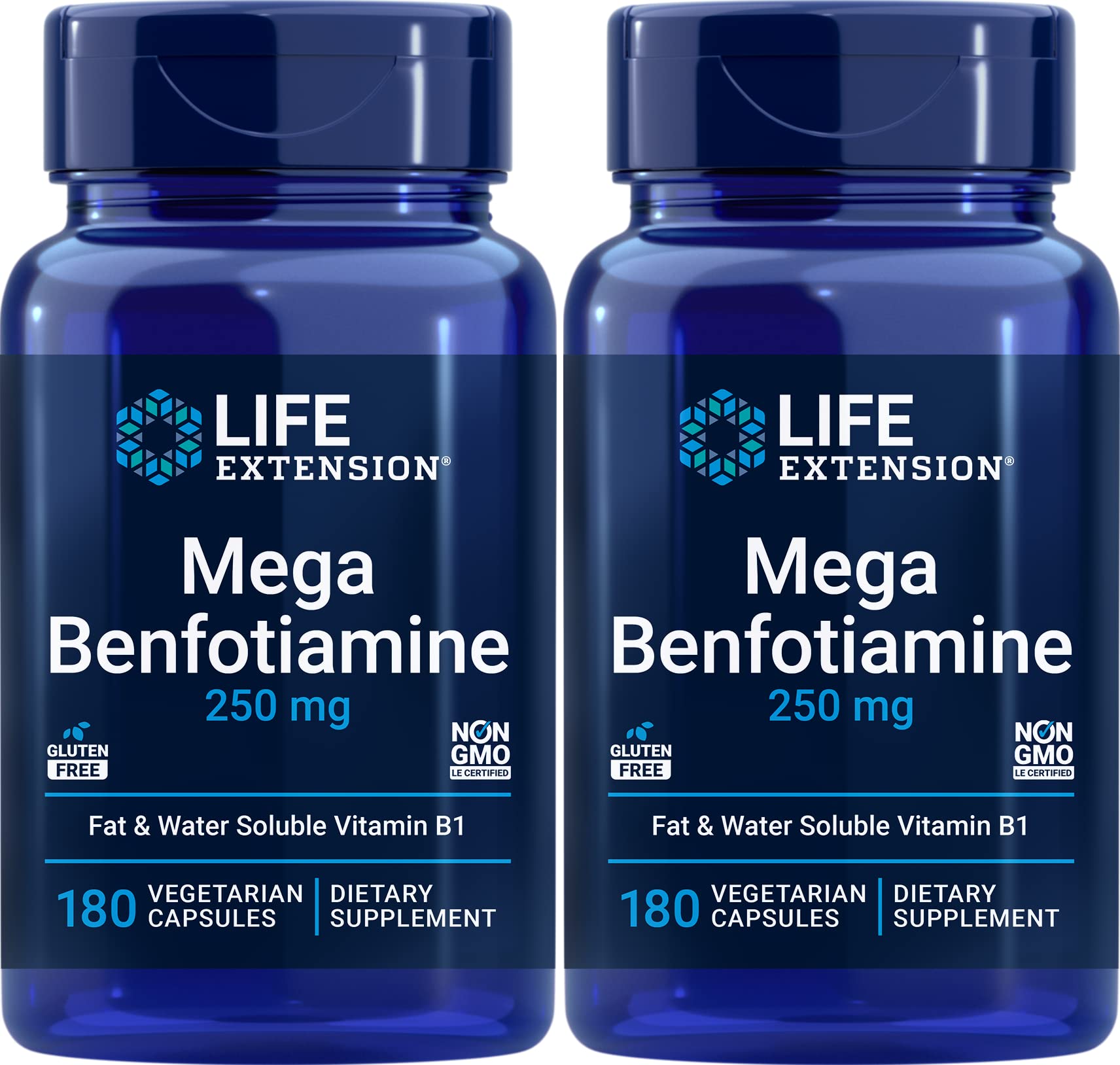 Life Extension Mega Benfotiamine 250 mg, 180 Vegetarian Capsules | 250 mg of benfotiamine and 10 mg of thiamine (vitamin B1) per capsule. Non-GMO, Gluten Free, Vegetarian.