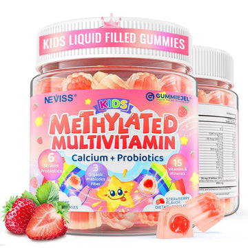 Kids Multivitamin Gummies + Calcium, Probiotics, Vitamin D3, C, Methylated B12 & Methylfolate, B6, A, K2, E, Zinc, Prebiotics for Children Ages 4+, Clean & Sugar Free, for Nutritional Support, 60 Cts