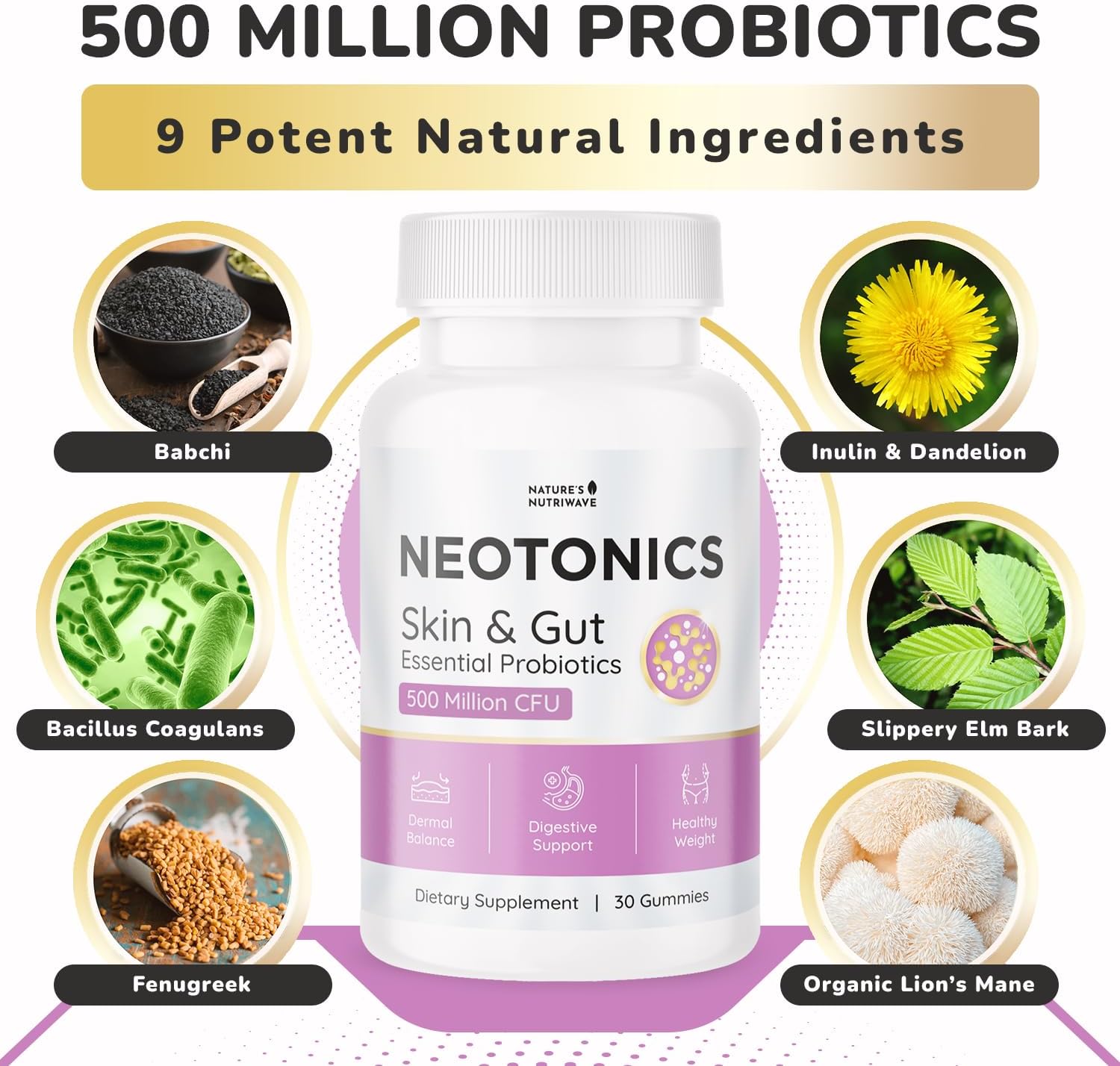 Neotonics Probiotic Gummies – Botanical Blend – 30 Ct, 1 Month Supply | Chewable probiotic gummy with Bacillus Coagulans, prebiotic inulin & botanicals | Non-GMO, Stimulant-Free | Daily gummy