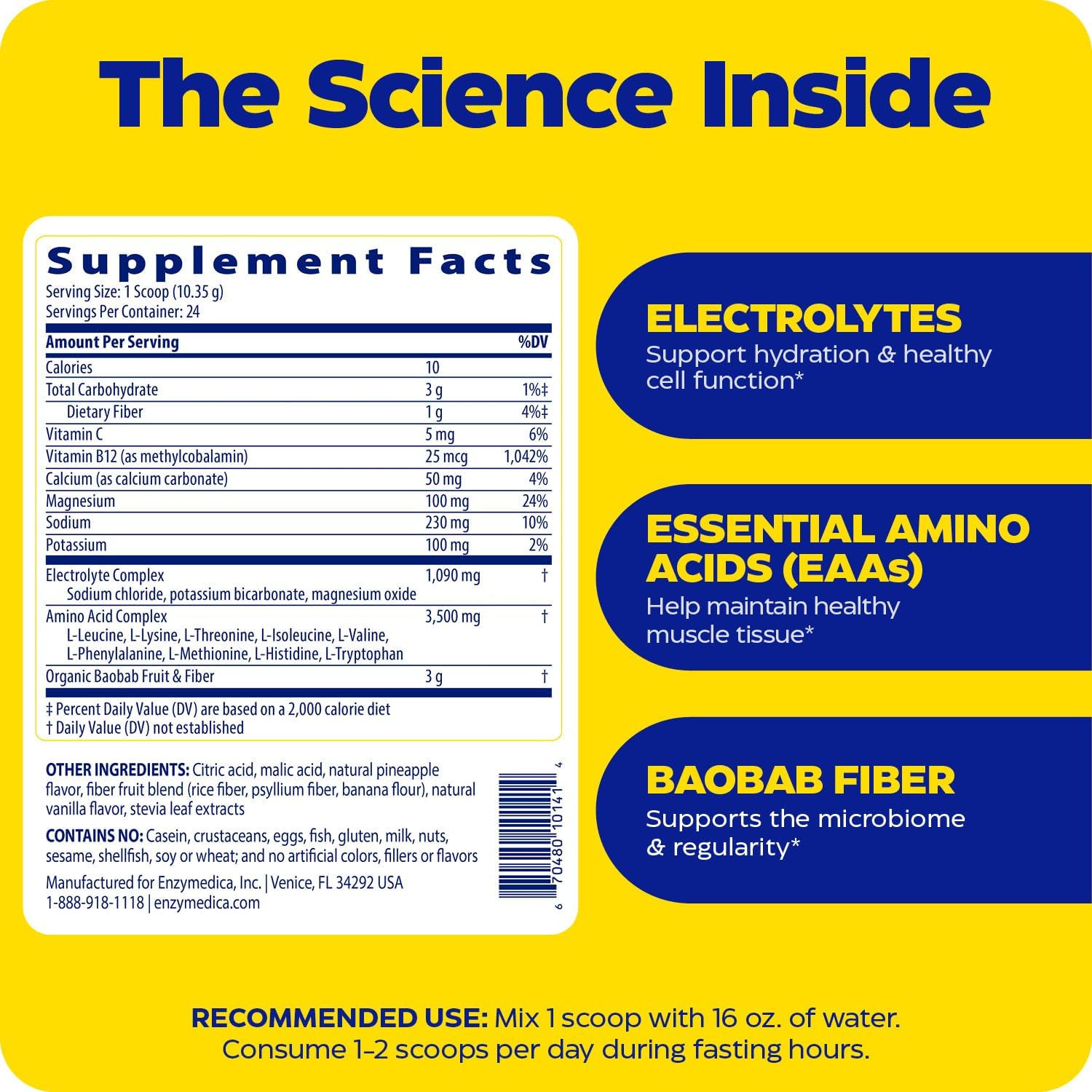 Enzymedica Fasting Today Drink Mix - Electrolyte Powder Supplement for Intermittent Fasting, Support for Hydration, Appetite & Muscle Health, Keto Friendly, Tropical Pineapple Flavor - 8.75 oz