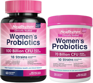 NewRhythm VagFlora Carefree Bundle, Women's Probiotics 100 Billion CFU & Women's Probiotics 70 Billion CFU, PH Balance, Vaginal, Urinary & Digestive Health, Non-GMO
