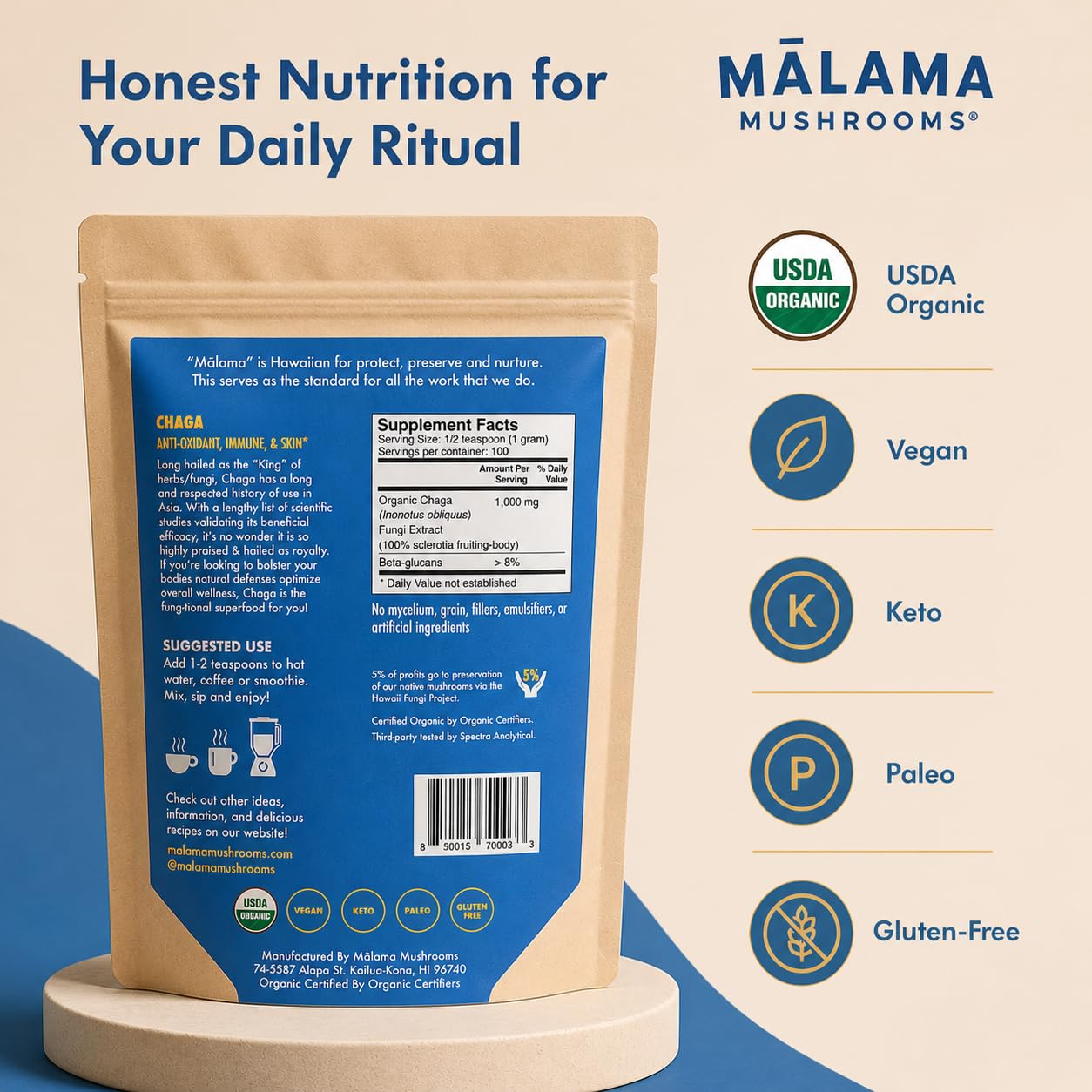 8-Mushroom Extract Powder by Malama, Organic Body Mushroom Blend Featuring Lion's Mane, Reishi, Cordyceps, Chaga, Turkey Tail, Superfood Adaptogenic