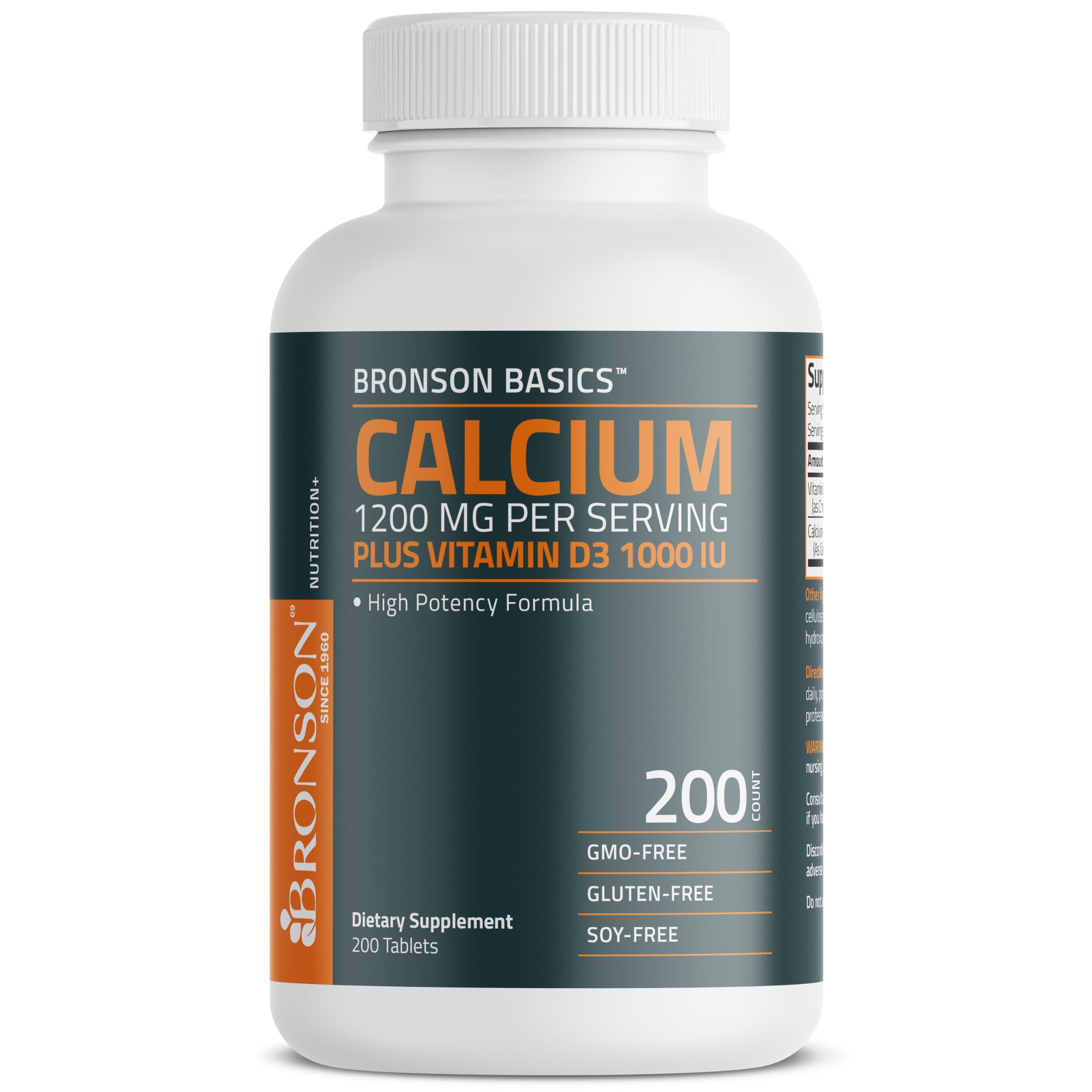 Bronson Calcium 1200mg Per Serving Plus Vitamin D3 1000 IU High Potency Formula, Non-GMO, 120 Tablets